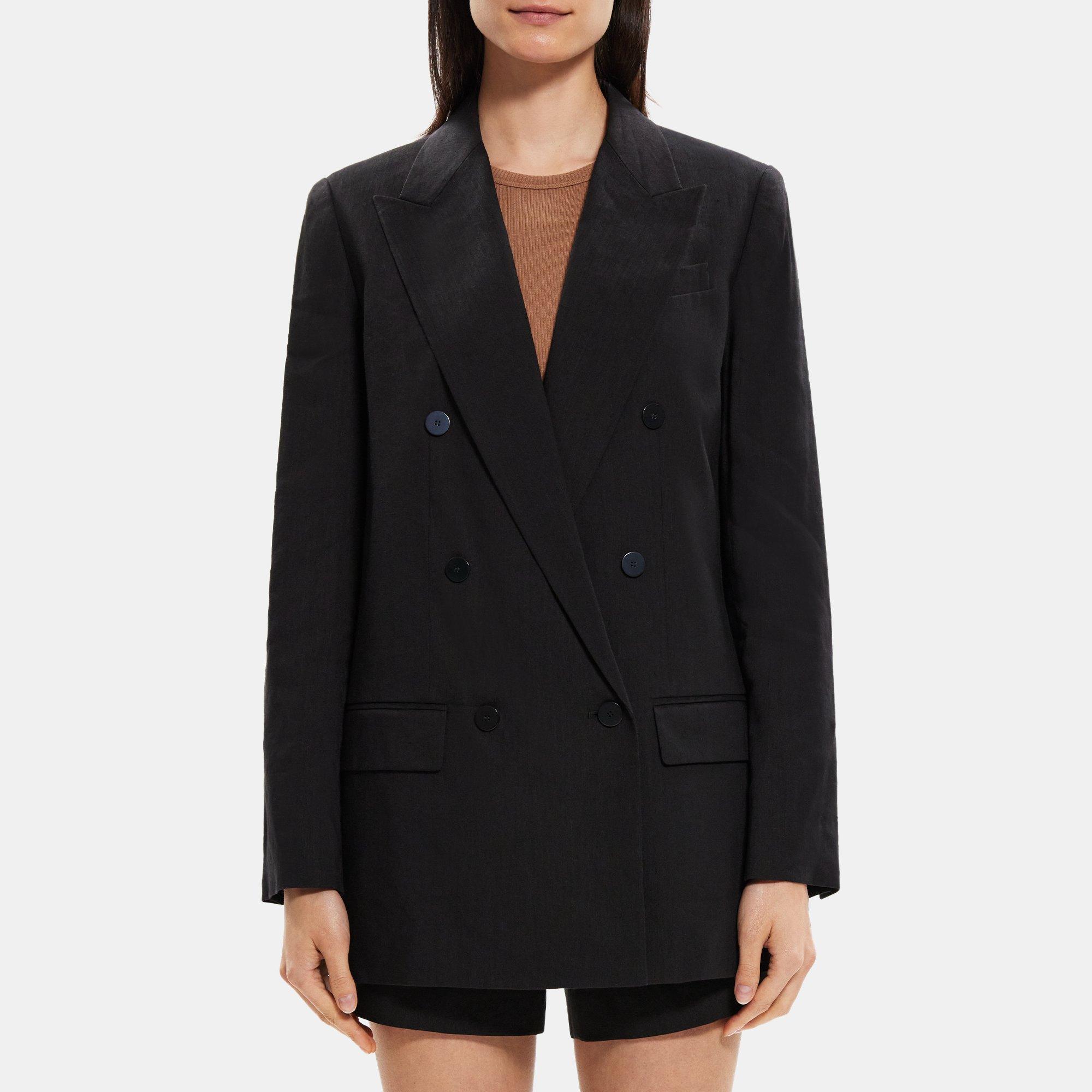 Theory Double-Breasted Blazer in Linen-Blend
