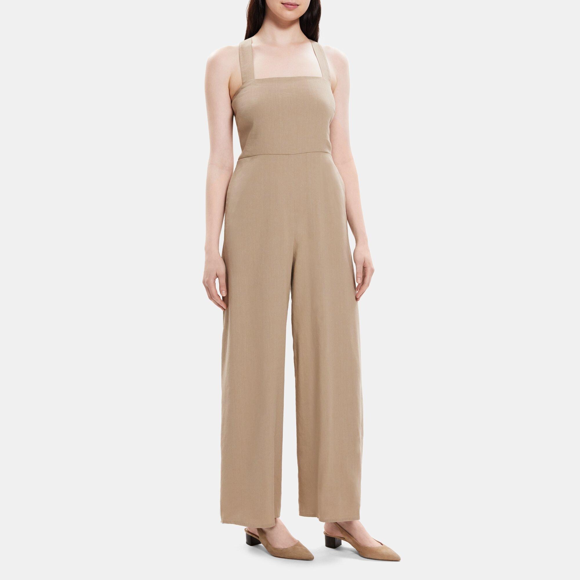 STRAIGHT LINEN BLEND JUMPSUIT - Light beige