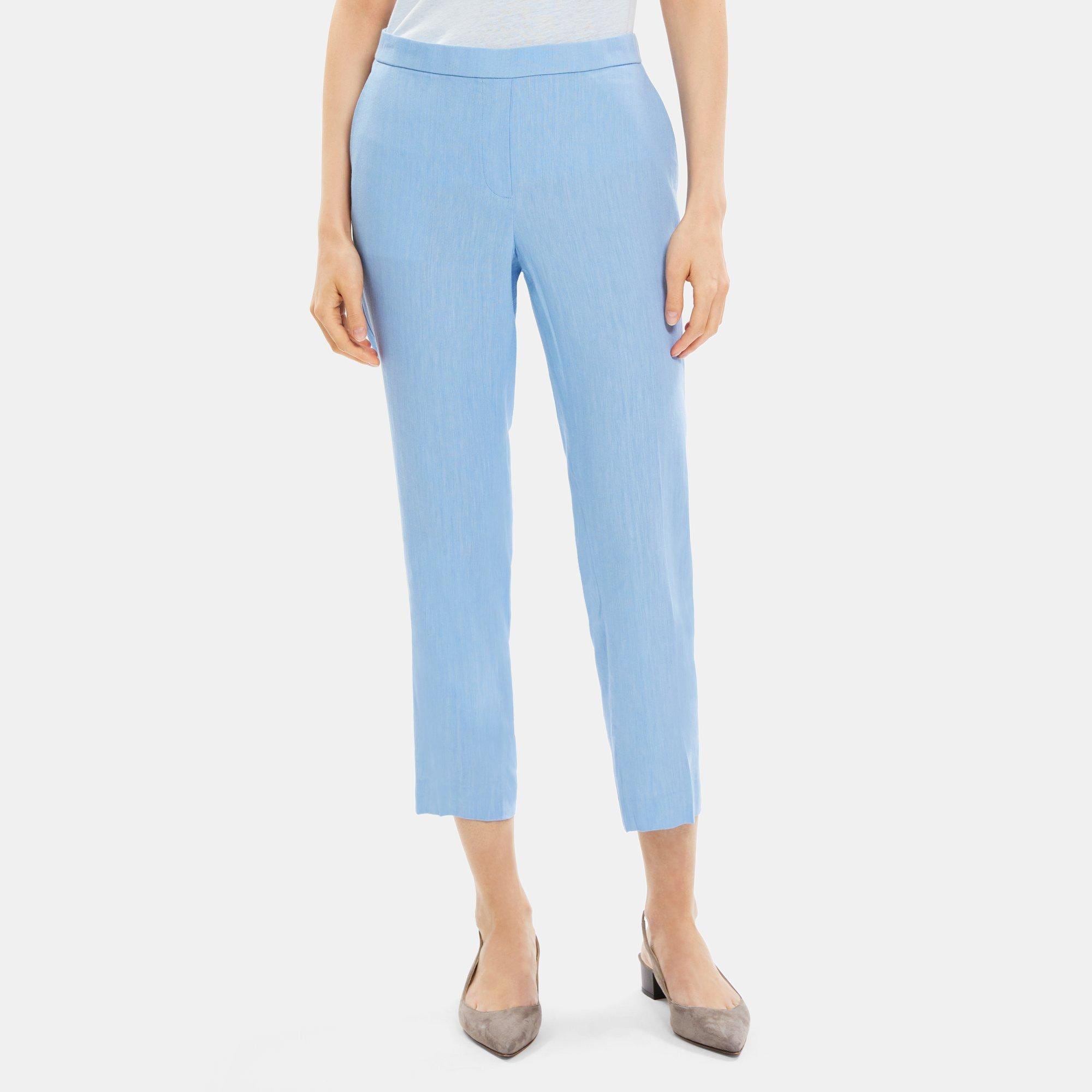 Theory Slim Cropped Pull-On Pant in Linen-Blend