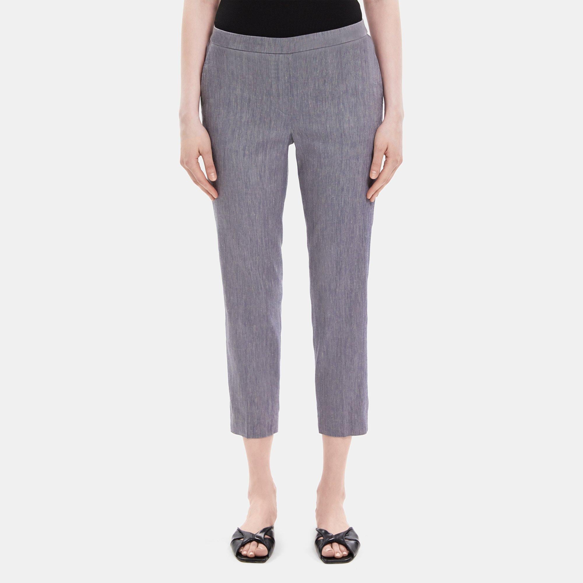 Theory Slim Cropped Pull-On Pant in Linen Blend Melange