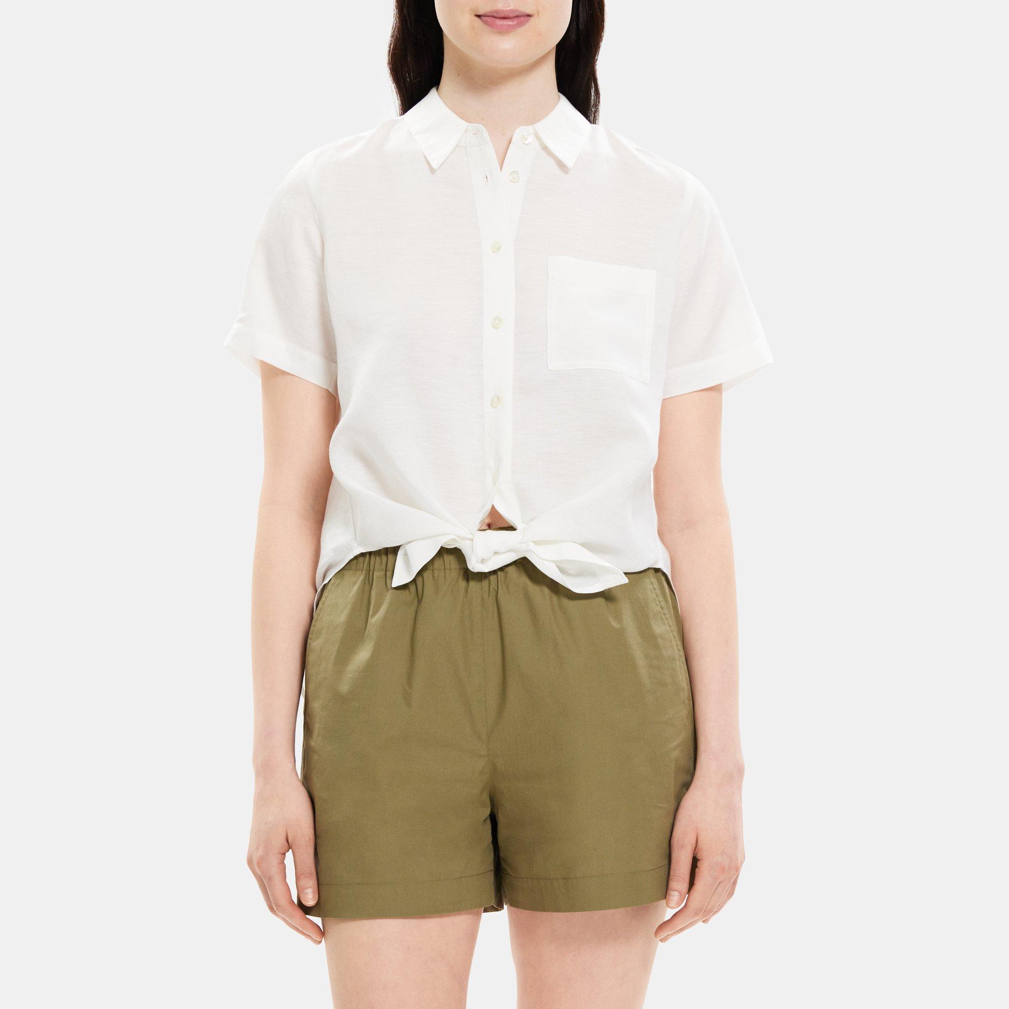 띠어리 린넨 반팔 셔츠 (프론트 타이) N053505R Theory Tie-Front Shirt in Linen-Tencel,WHITE