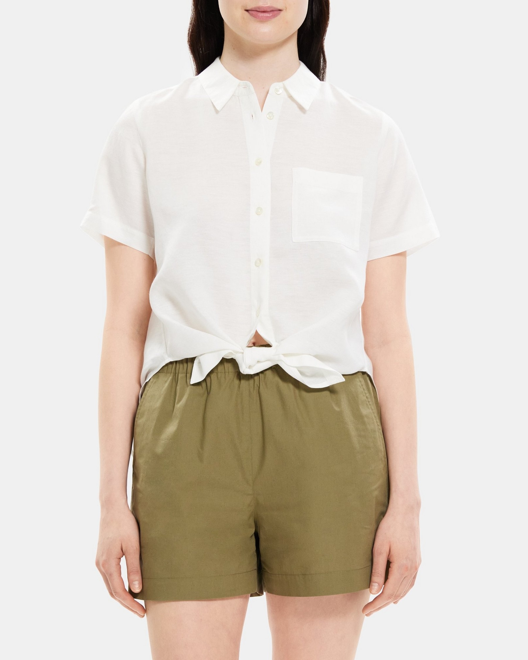 띠어리 린넨 반팔 셔츠 (프론트 타이) N053505R Theory Tie-Front Shirt in Linen-Tencel,WHITE