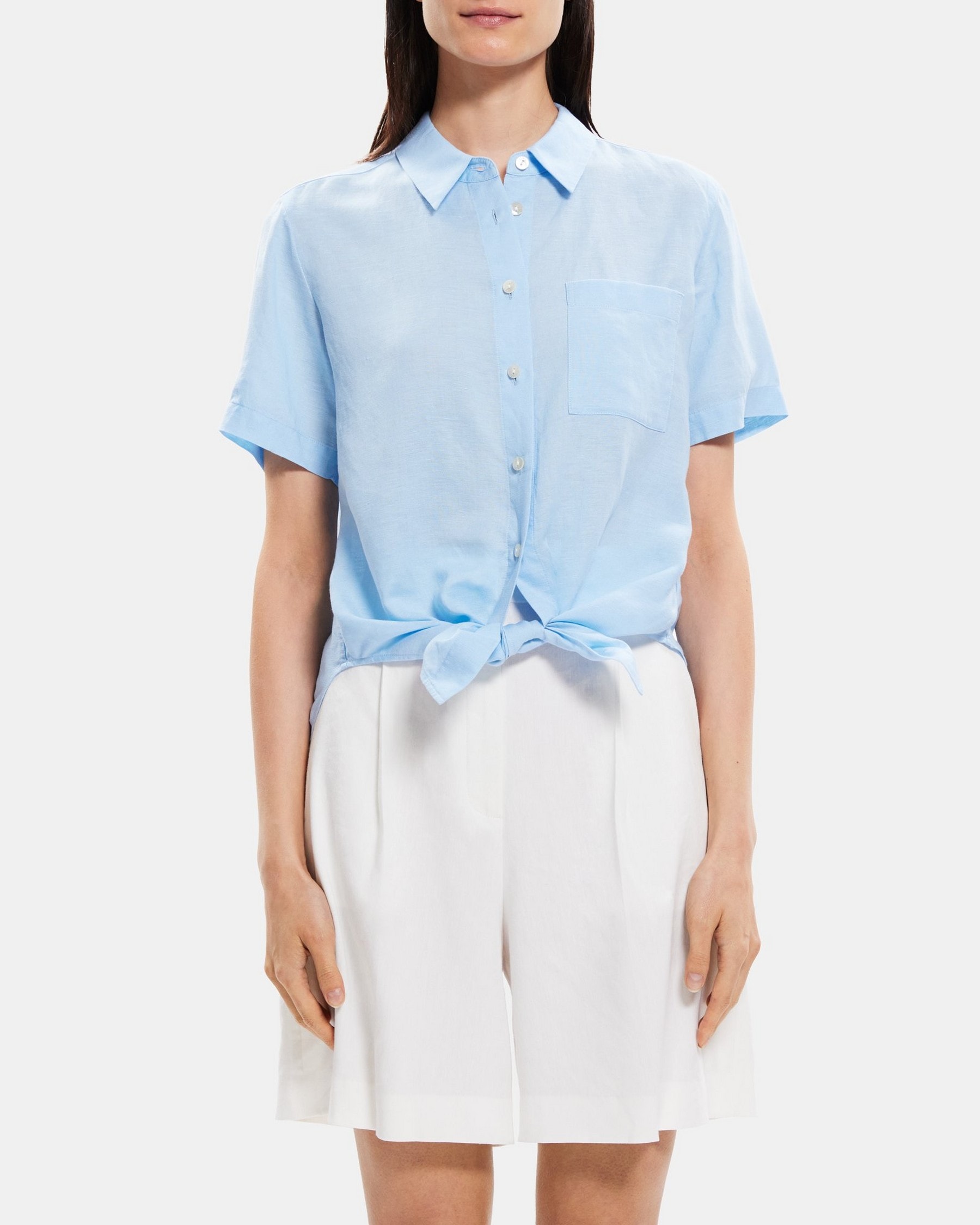 띠어리 린넨 반팔 셔츠 (프론트 타이) N053505R Theory Tie-Front Shirt in Linen-Tencel,BAY BLUE