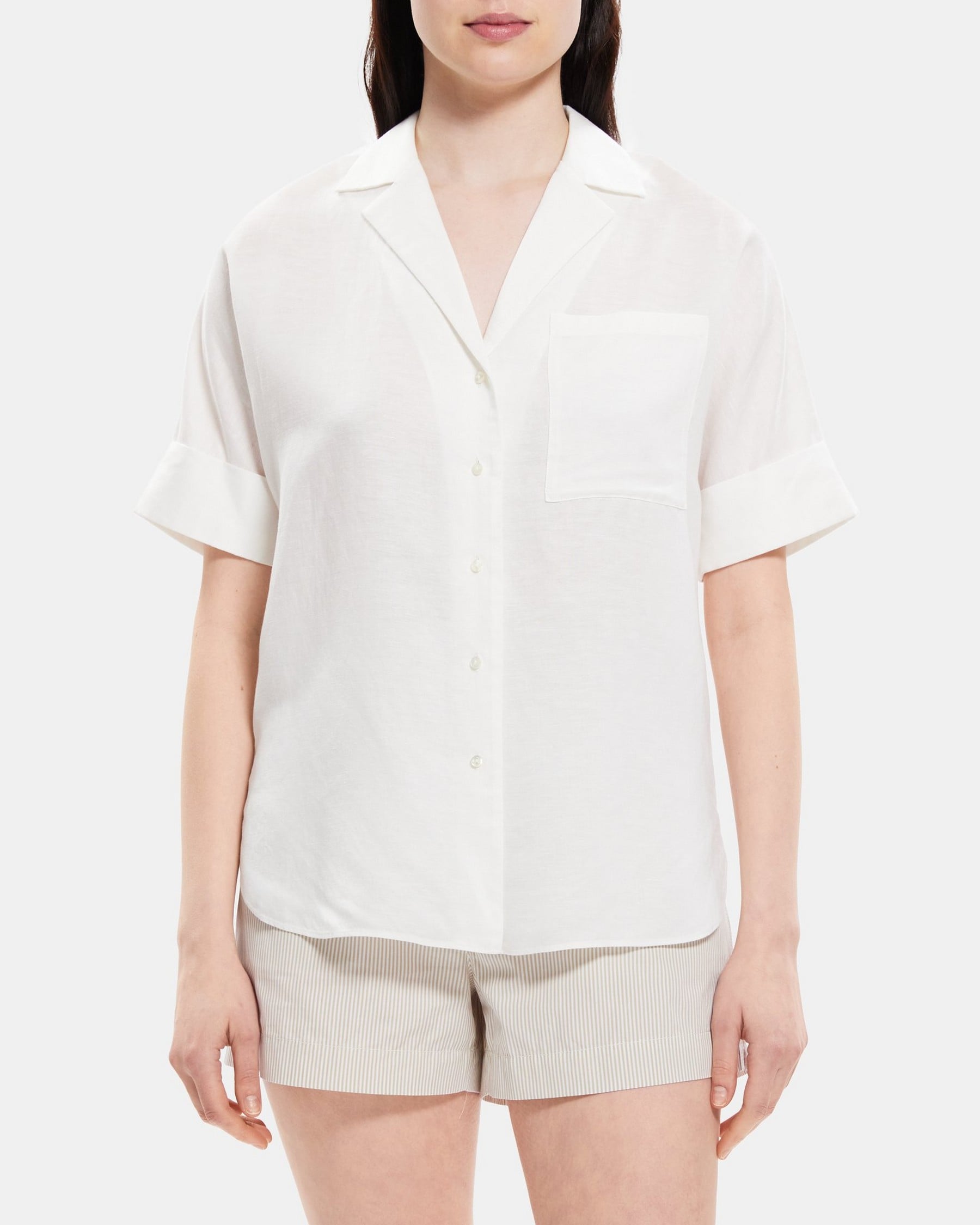 띠어리 Theory Short-Sleeve Shirt in Linen-Tencel,WHITE