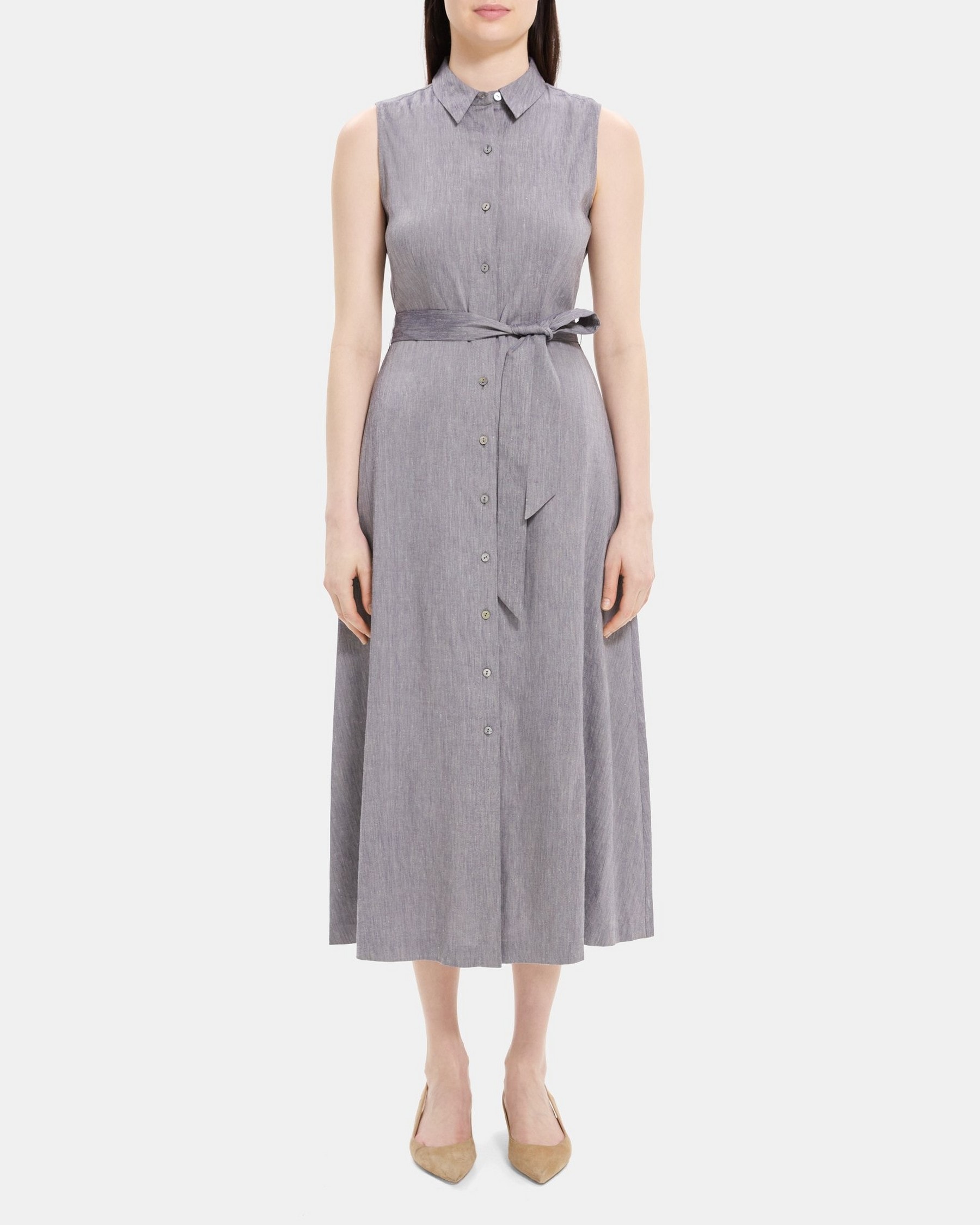 Linen-Blend Mélange Sleeveless Shirt Dress | Theory Outlet