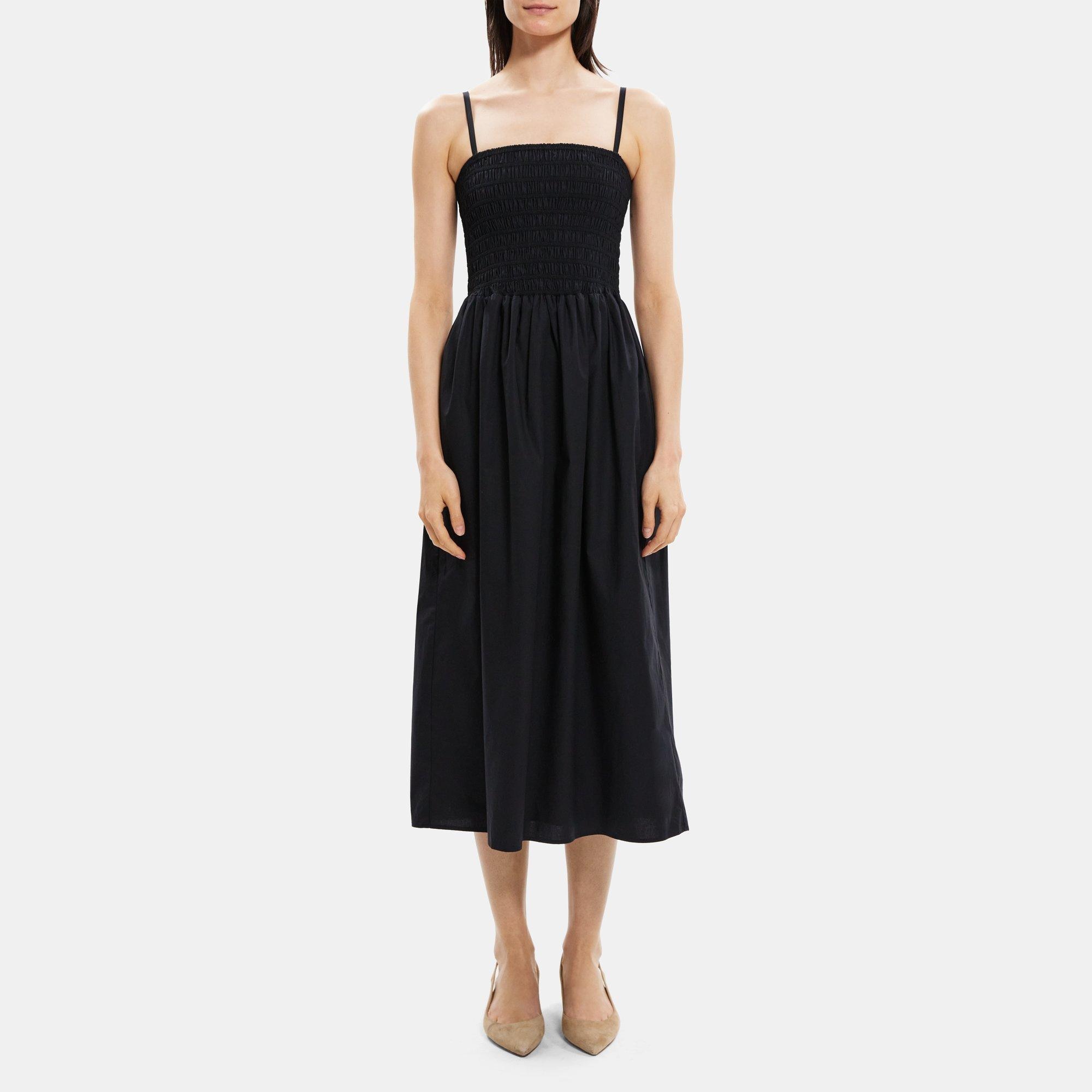 띠어리 Theory Smocked Midi Dress in Cotton Poplin,BLACK