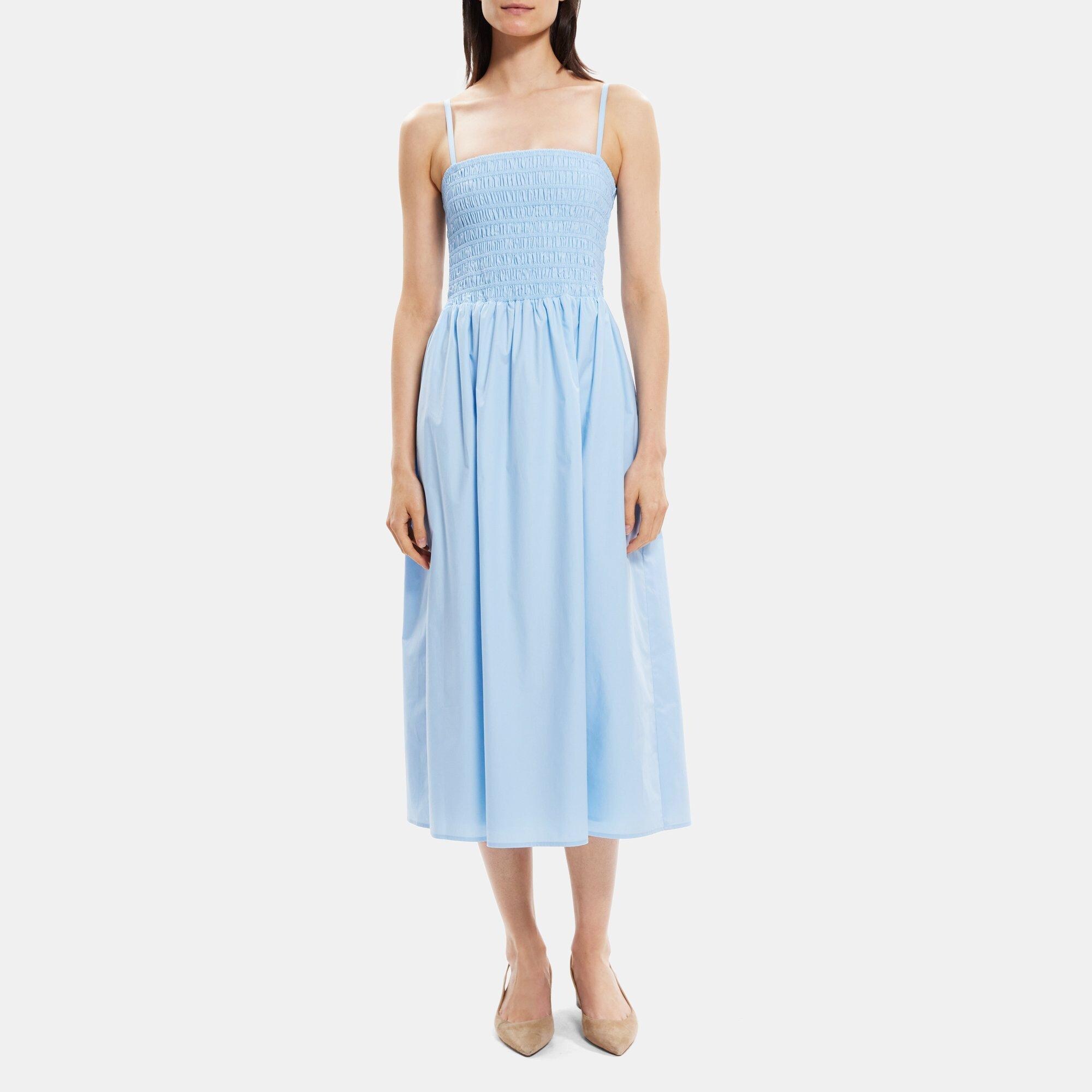 띠어리 Theory Smocked Midi Dress in Cotton Poplin,BAY BLUE