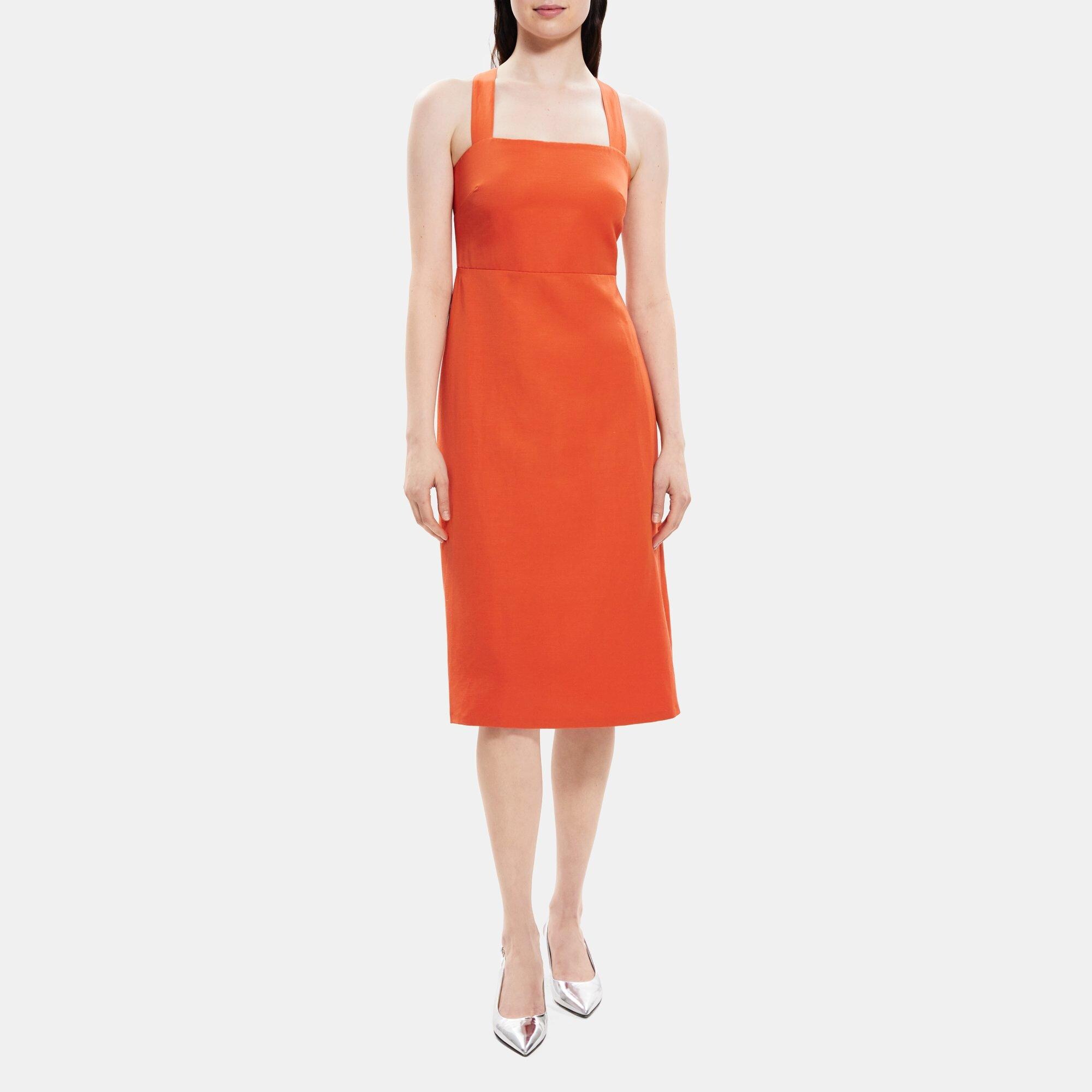 띠어리 Theory Crossback Dress in Linen-Blend,DARK CORAL