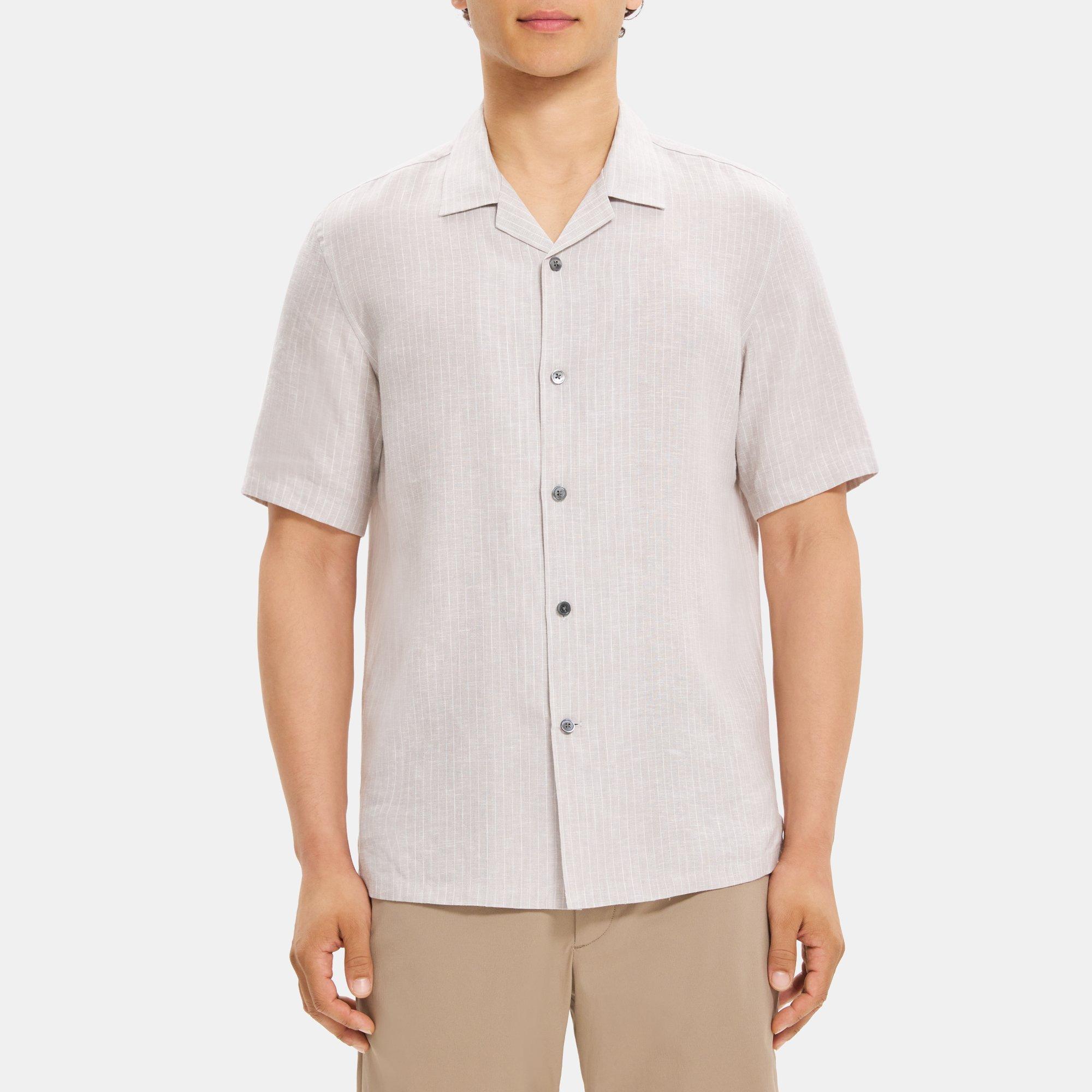 Theory Short-Sleeve Camp Shirt in Striped Linen-Tencel