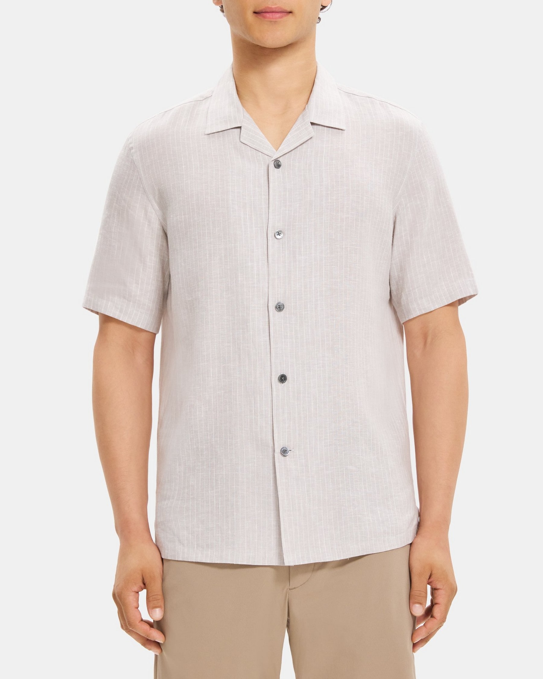 띠어리 Theory Short-Sleeve Camp Shirt in Striped Linen-Tencel,GREY/WHITE