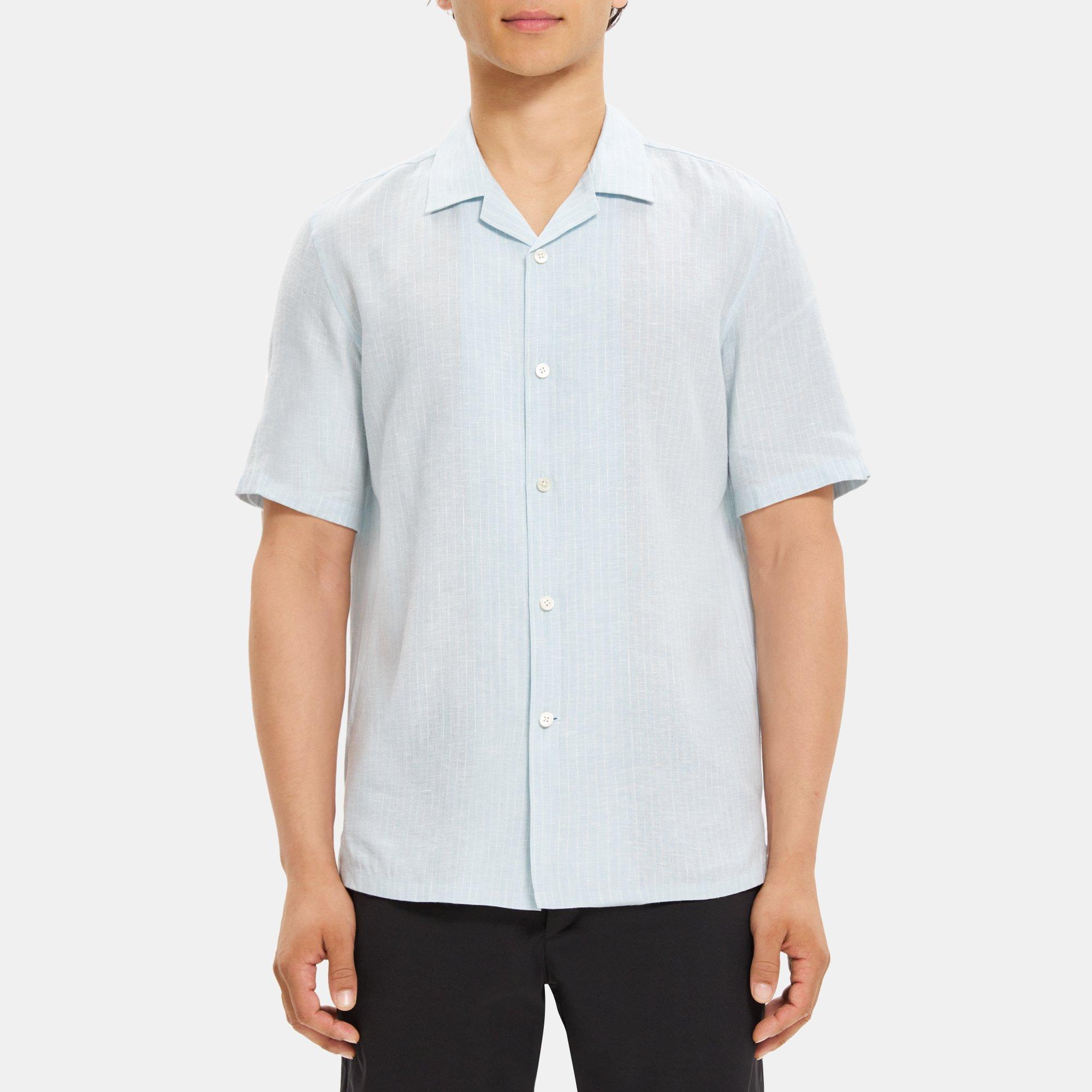 띠어리 Theory Short-Sleeve Camp Shirt in Striped Linen-Tencel,WINTER SKY/WHITE