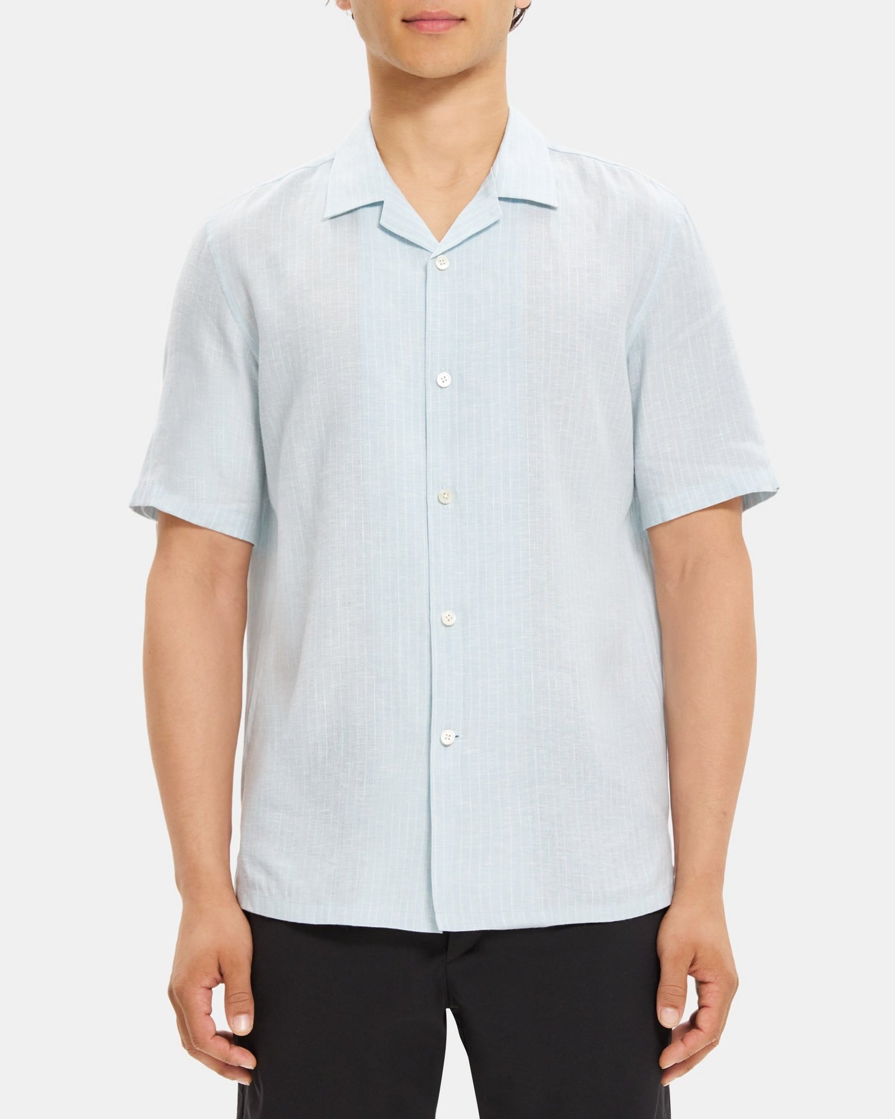띠어리 Theory Short-Sleeve Camp Shirt in Striped Linen-Tencel,WINTER SKY/WHITE