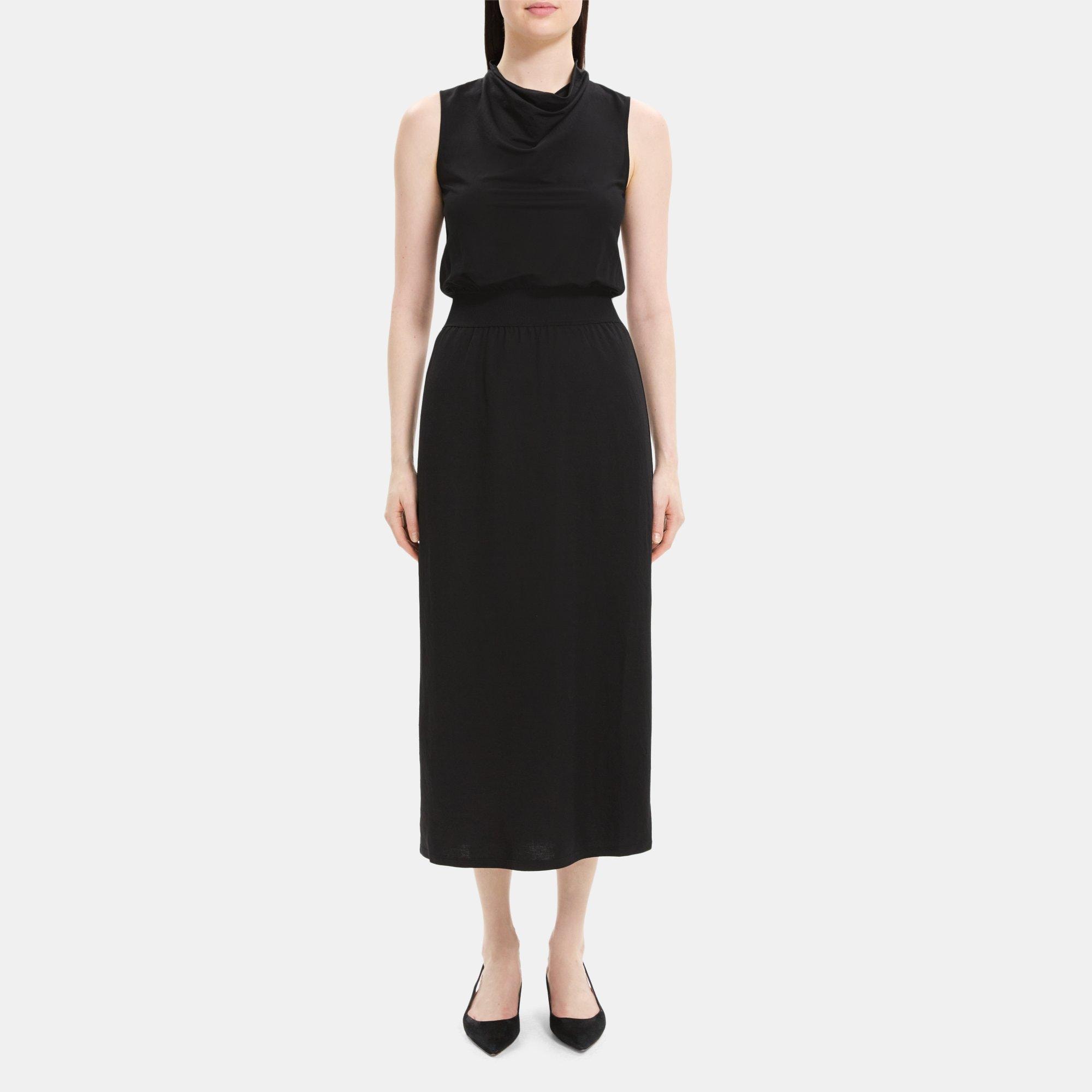 Theory Sleeveless Cowl Neck Dress in Viscose-Blend Pique