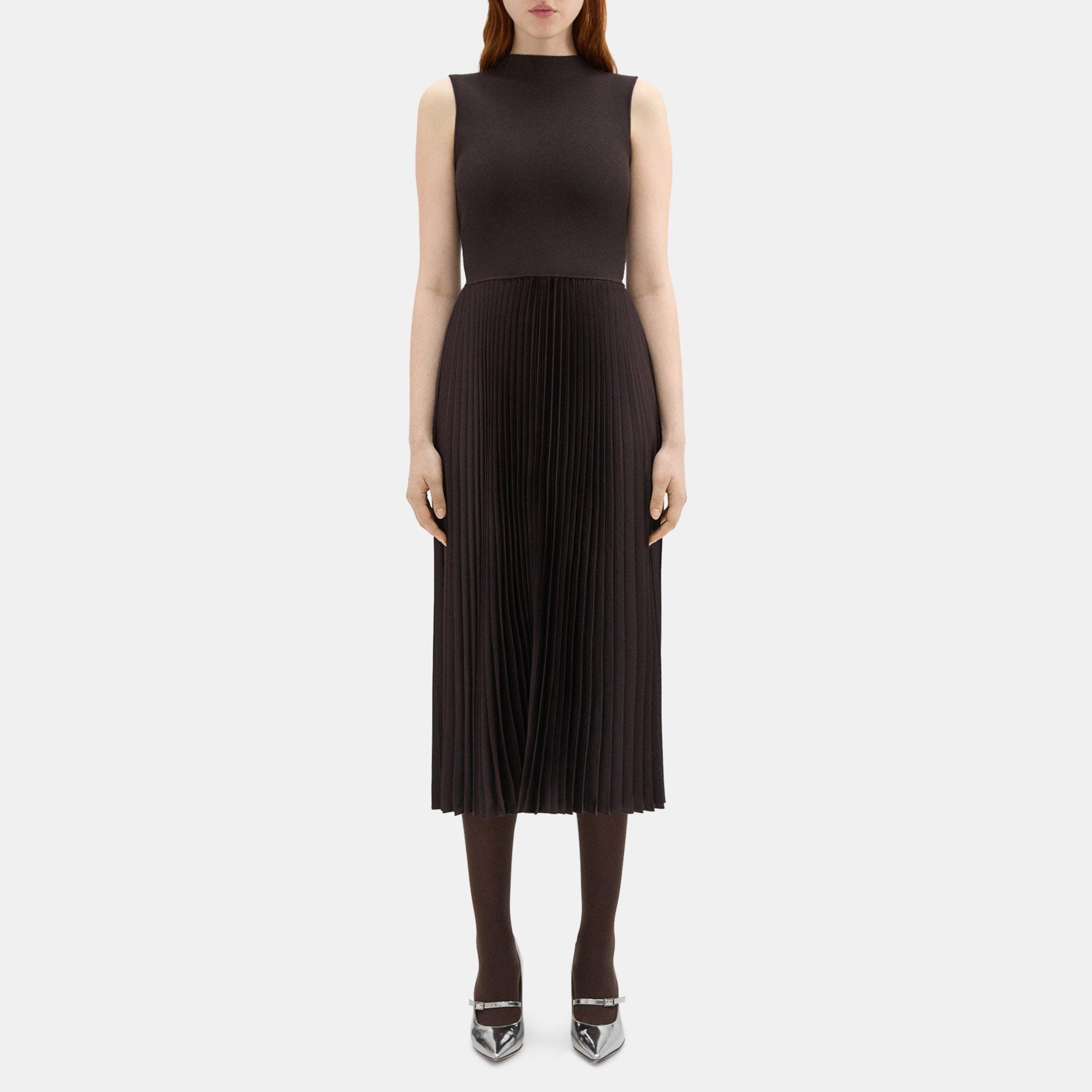 띠어리 Theory Pleated Combo Dress in Textured Satin,MINK