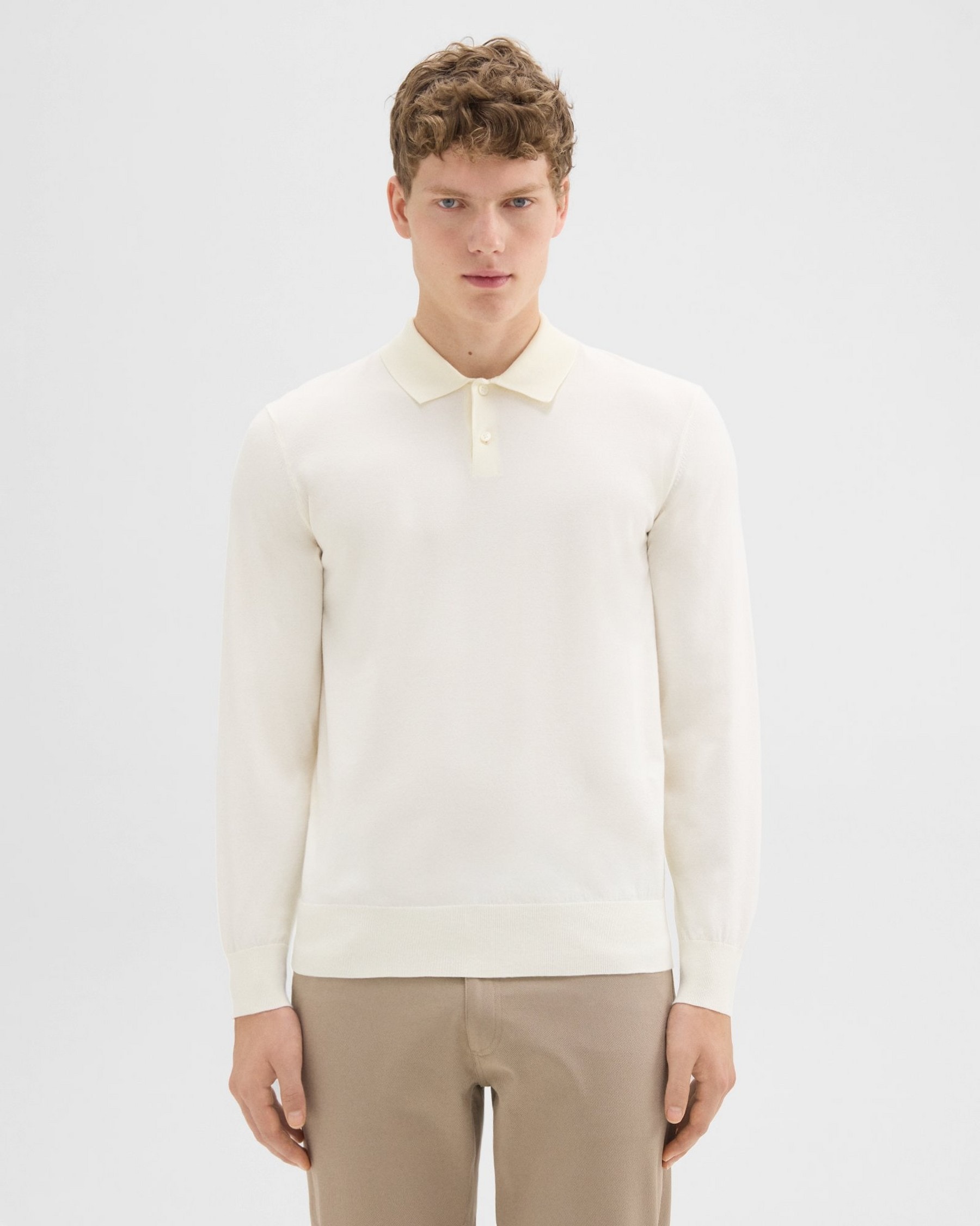 띠어리 Theory Goris Long-Sleeve Polo Shirt in Light Bilen,IVORY