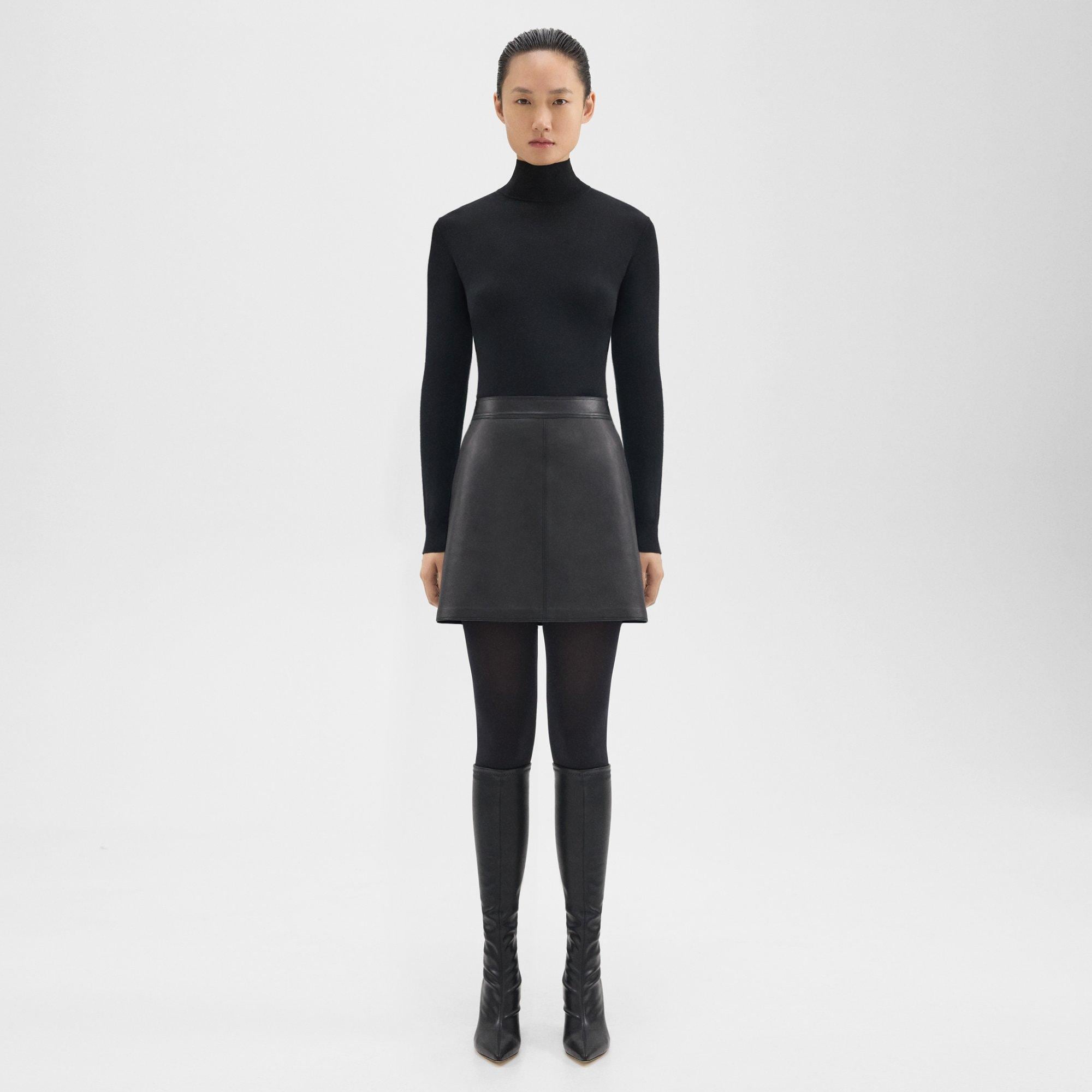 띠어리 Theory A-Line Mini Skirt in Leather,BLACK