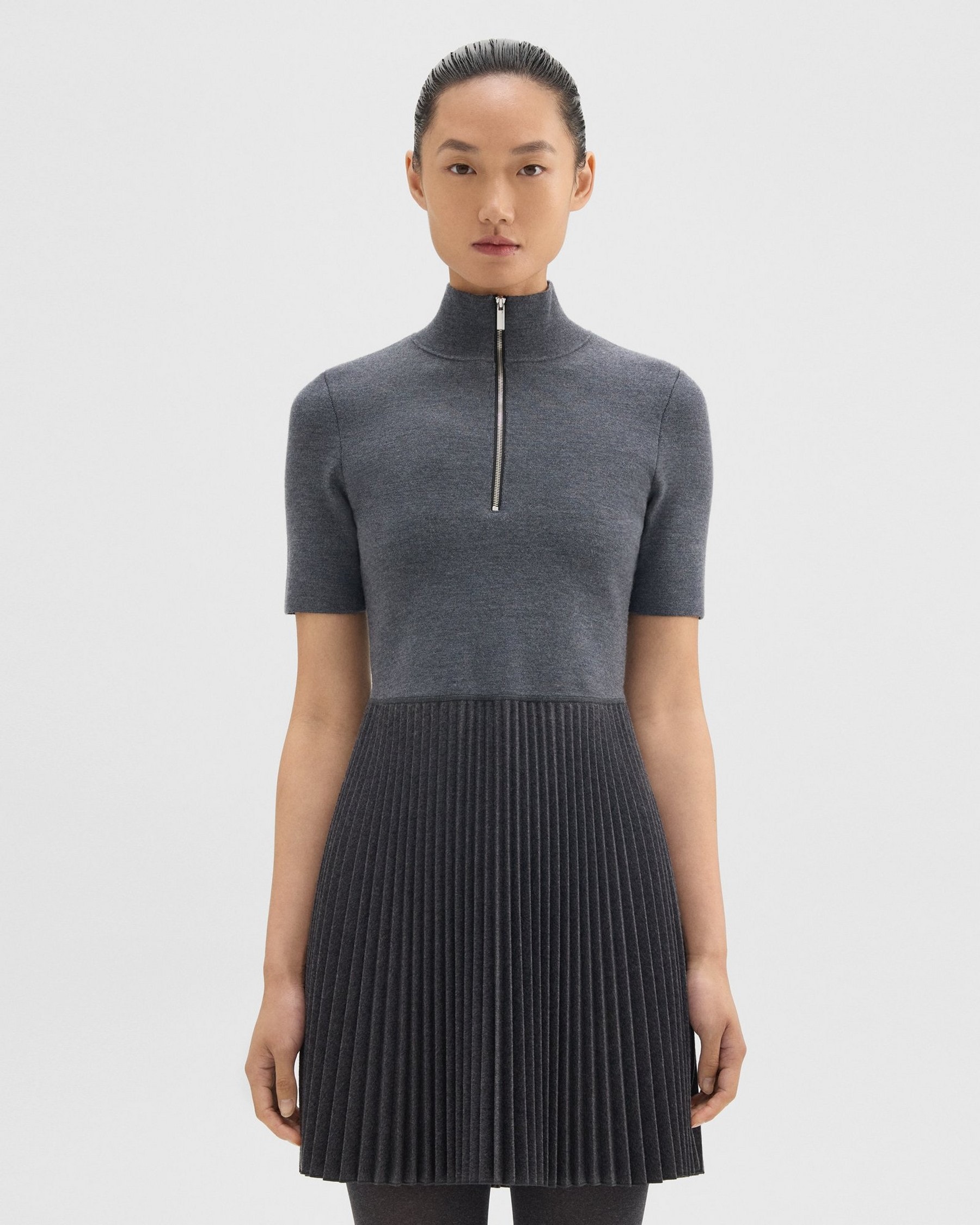 띠어리 Theory Zip-Up Combo Dress in Blended Wool Flannel,CHARCOAL MELANGE