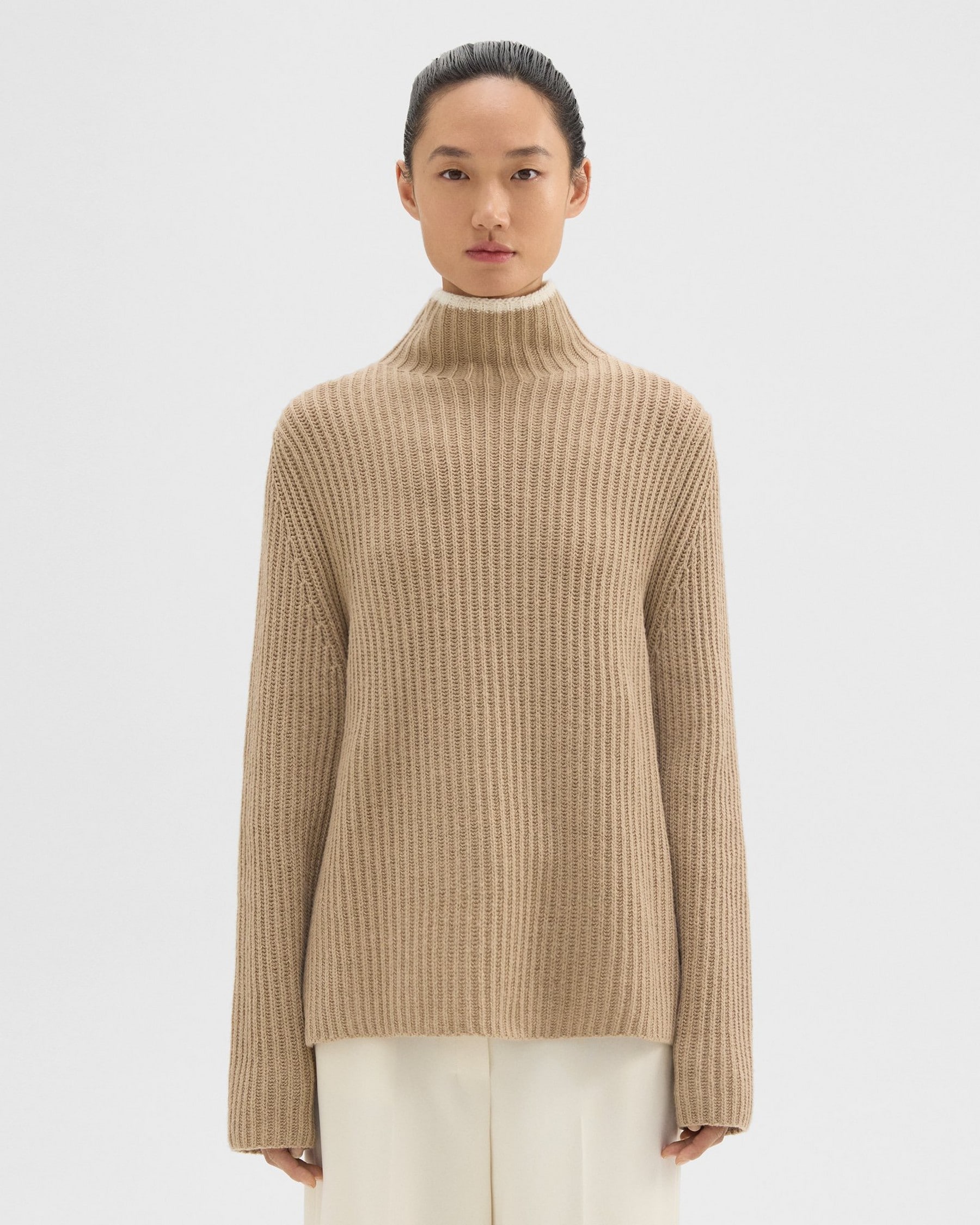 띠어리 Theory Karenia Turtleneck Sweater in Felted Wool-Cashmere,PALOMINO/IVORY