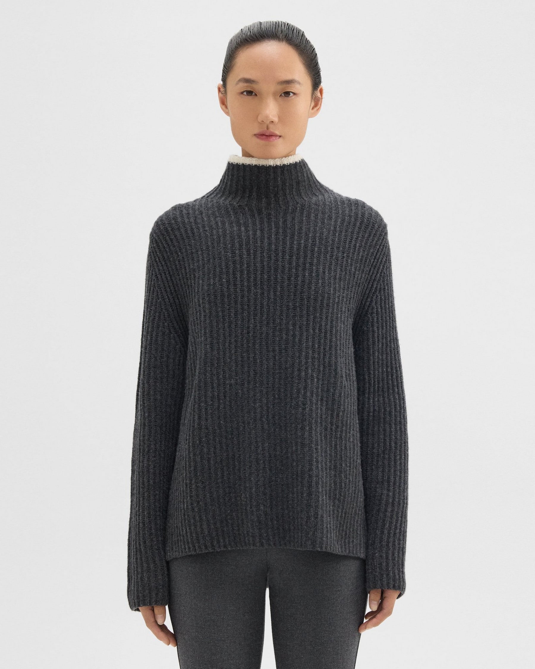 띠어리 Theory Karenia Turtleneck Sweater in Felted Wool-Cashmere,CHARCOAL/IVORY