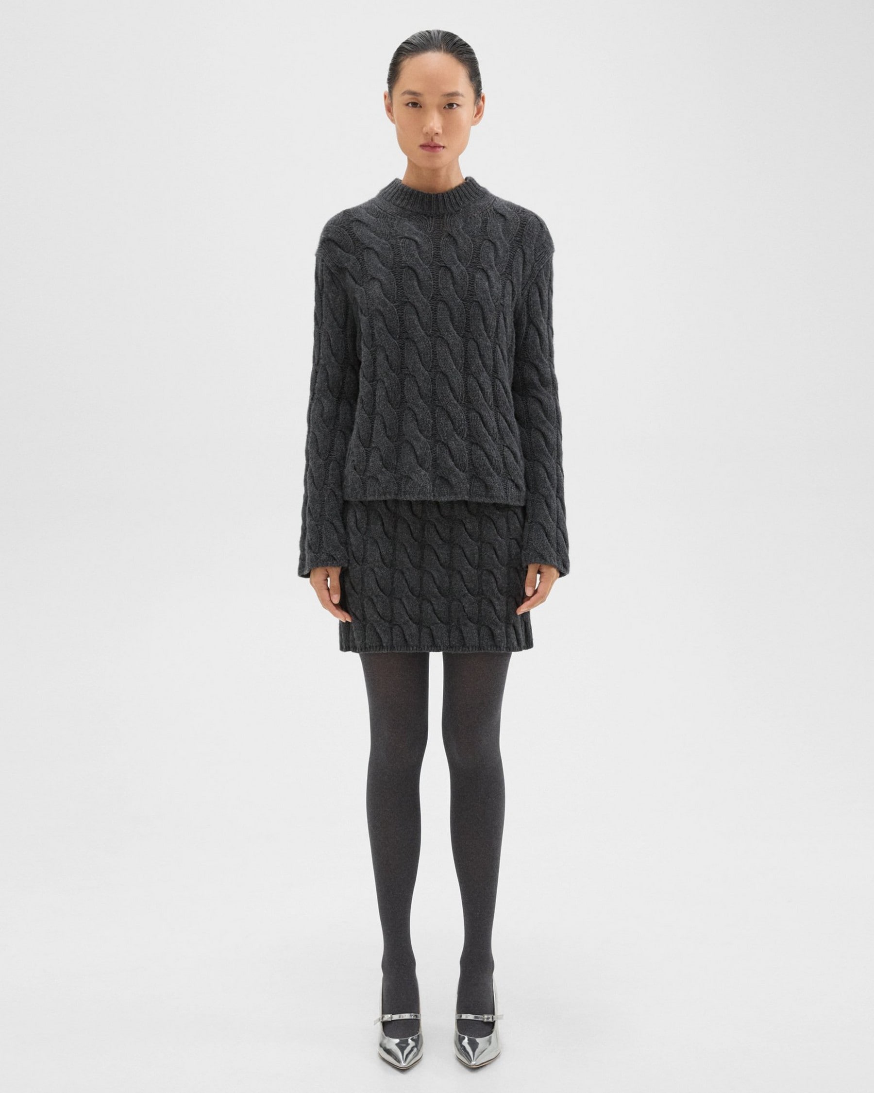 띠어리 Theory Cable Knit Mini Skirt in Felted Wool-Cashmere,CHARCOAL