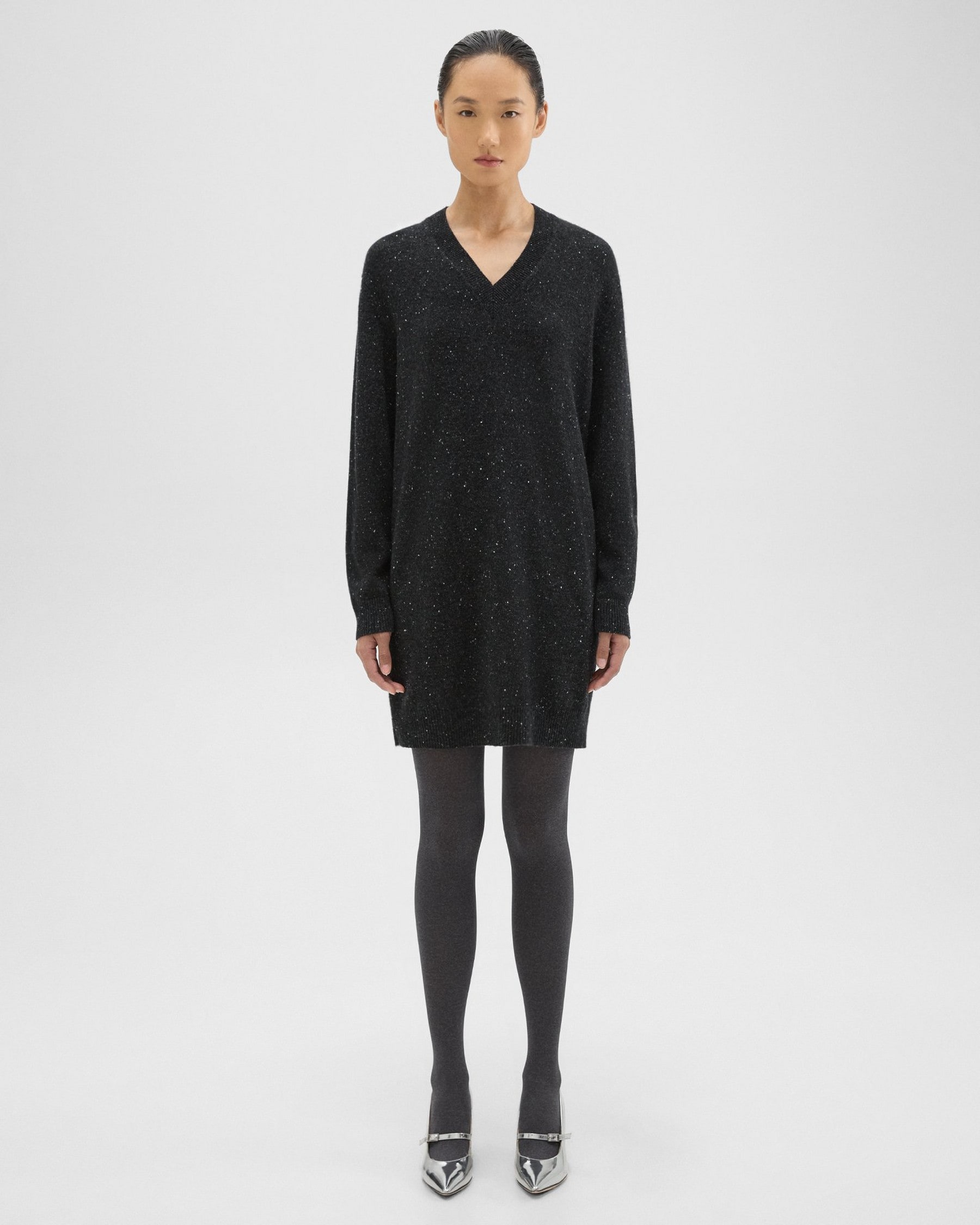 띠어리 Theory V-Neck Sweater Dress in Donegal Wool-Cashmere,CHARCOAL MULTI