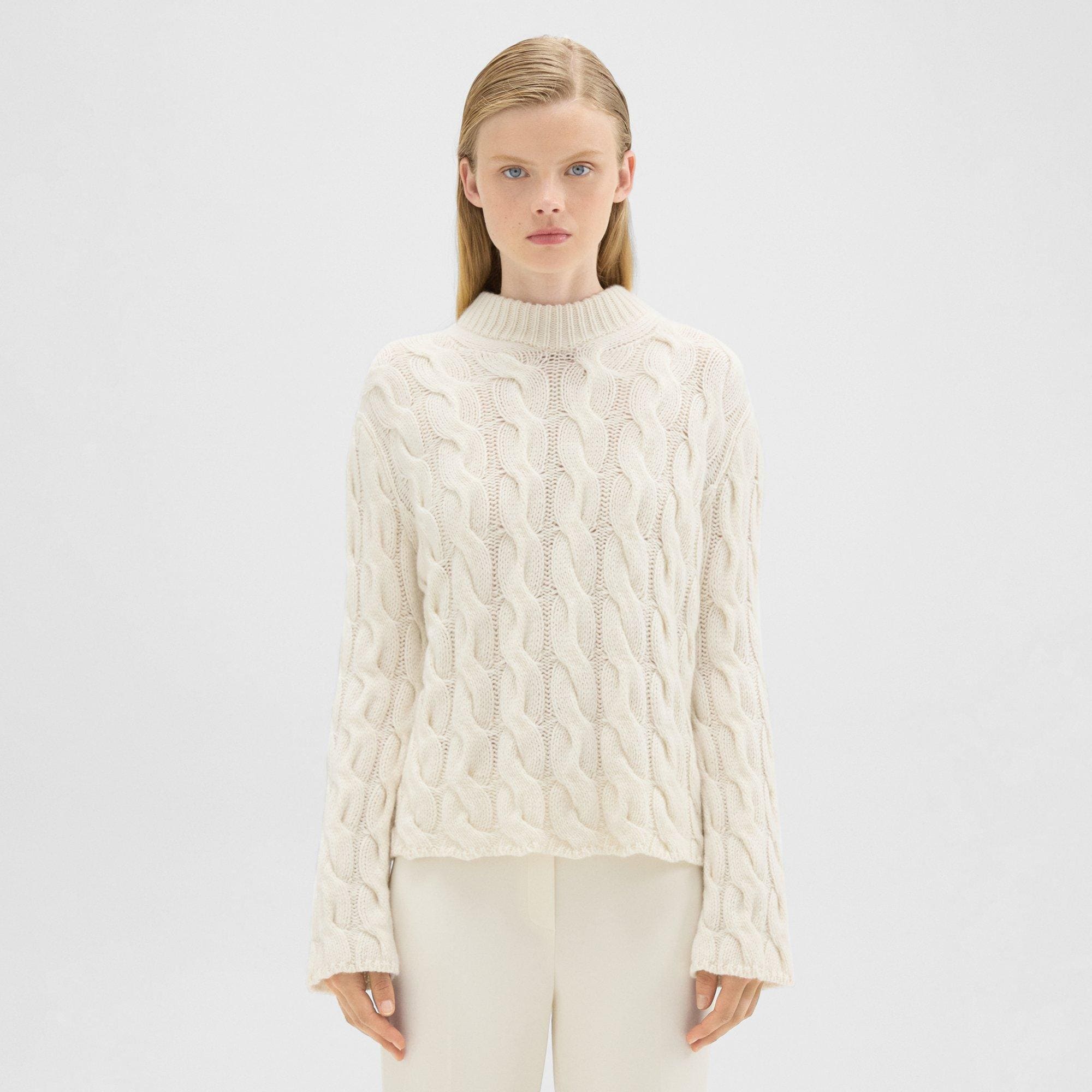 띠어리 Theory Cable Knit Mock Neck Sweater in Felted Wool-Cashmere,IVORY