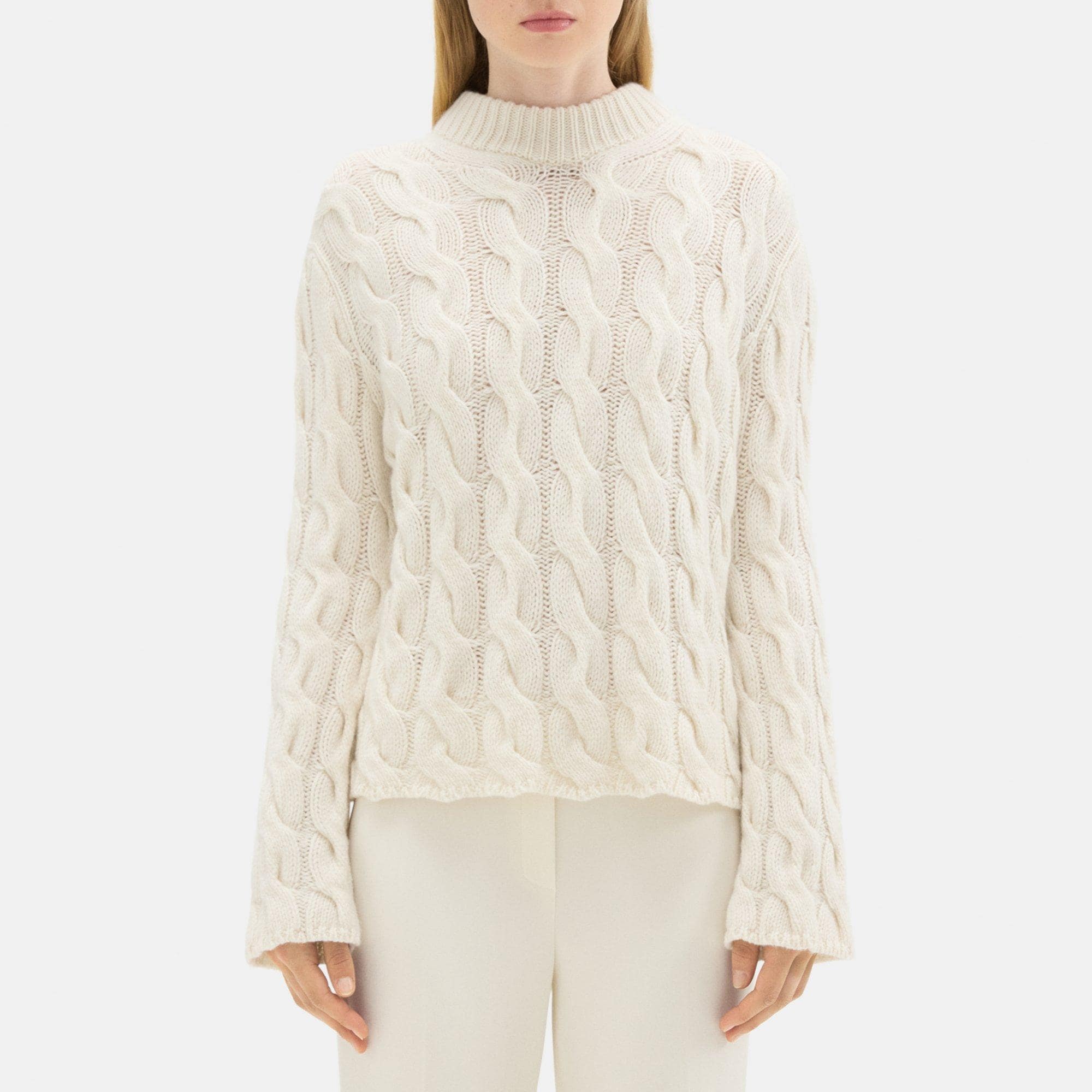 띠어리 Theory Cable Knit Mock Neck Sweater in Felted Wool-Cashmere,IVORY