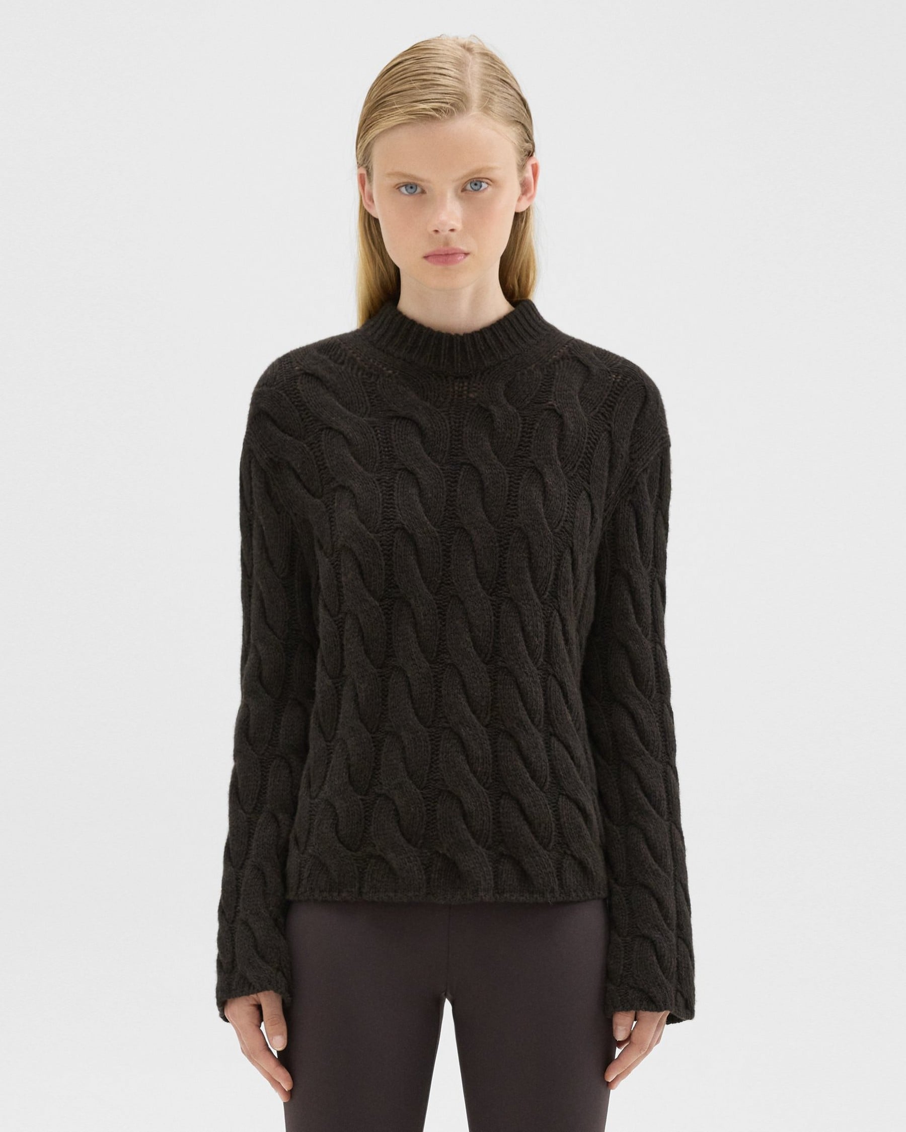 띠어리 Theory Cable Knit Mock Neck Sweater in Felted Wool-Cashmere,MINK
