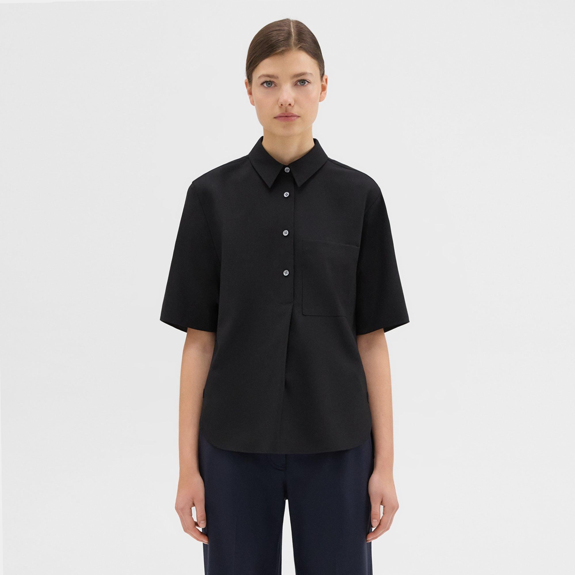 띠어리 Theory Short-Sleeve Virgin Wool Popover Shirt,BLACK
