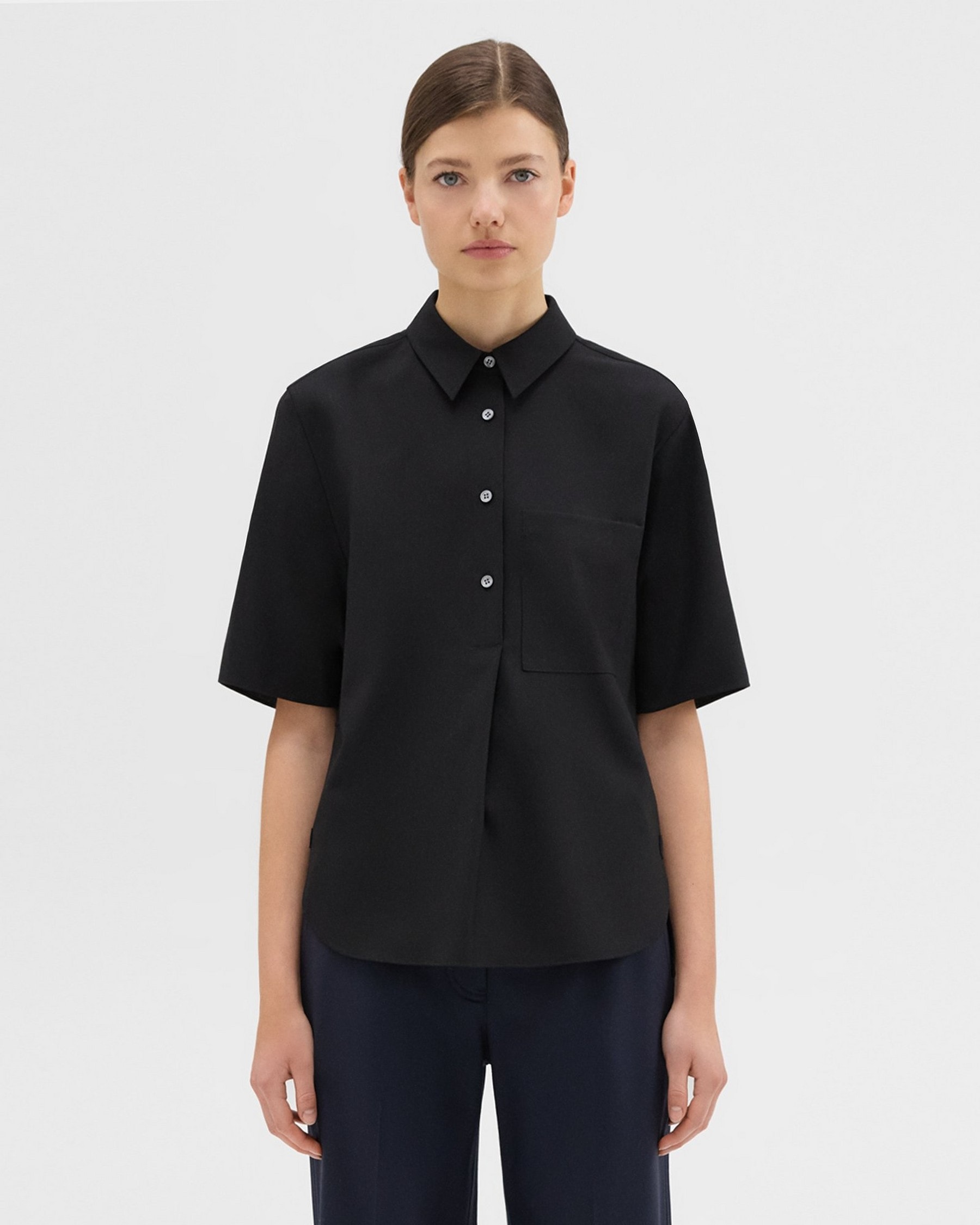 띠어리 Theory Short-Sleeve Virgin Wool Popover Shirt,BLACK