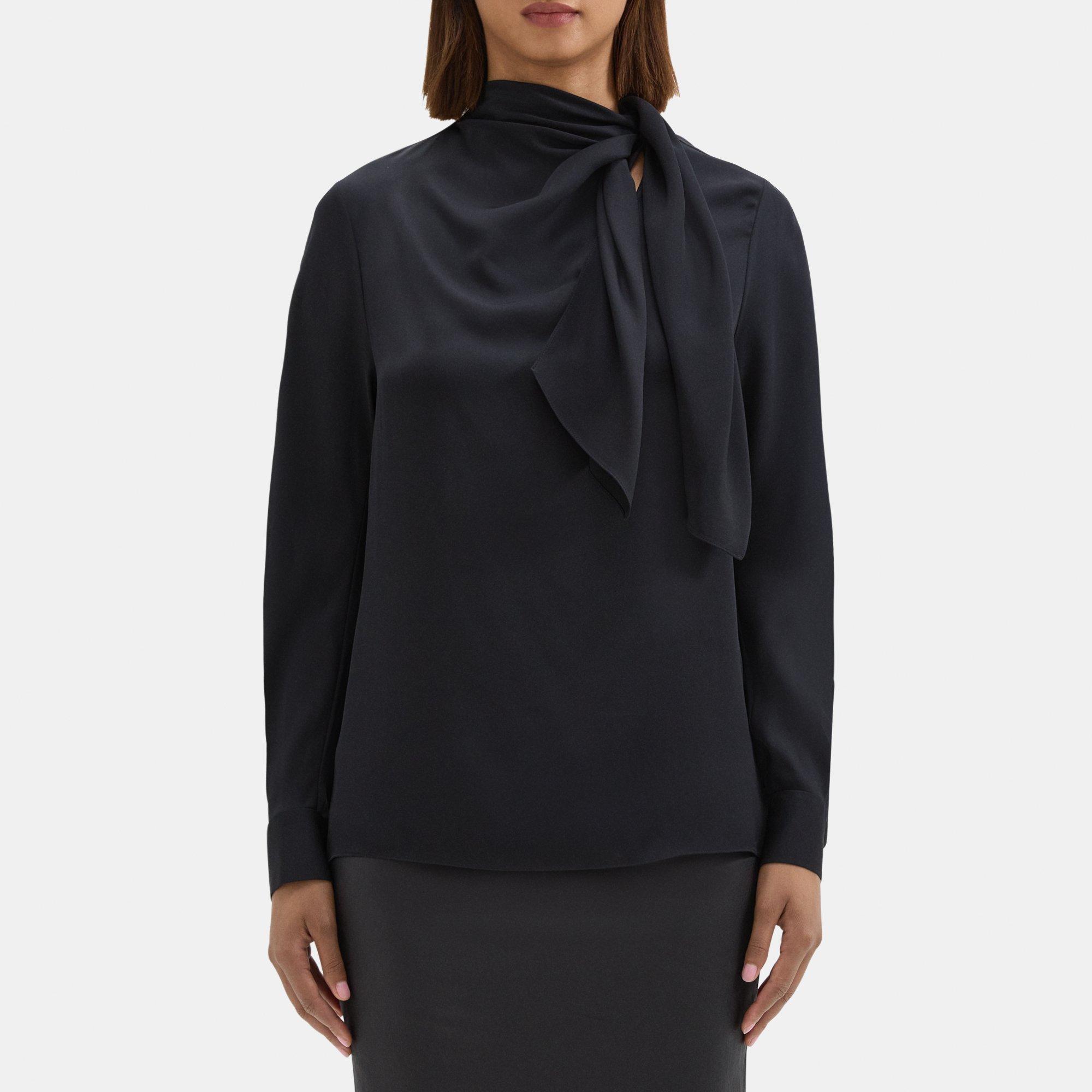 띠어리 Theory Twisted Scarf Blouse in Silk Georgette,BLACK