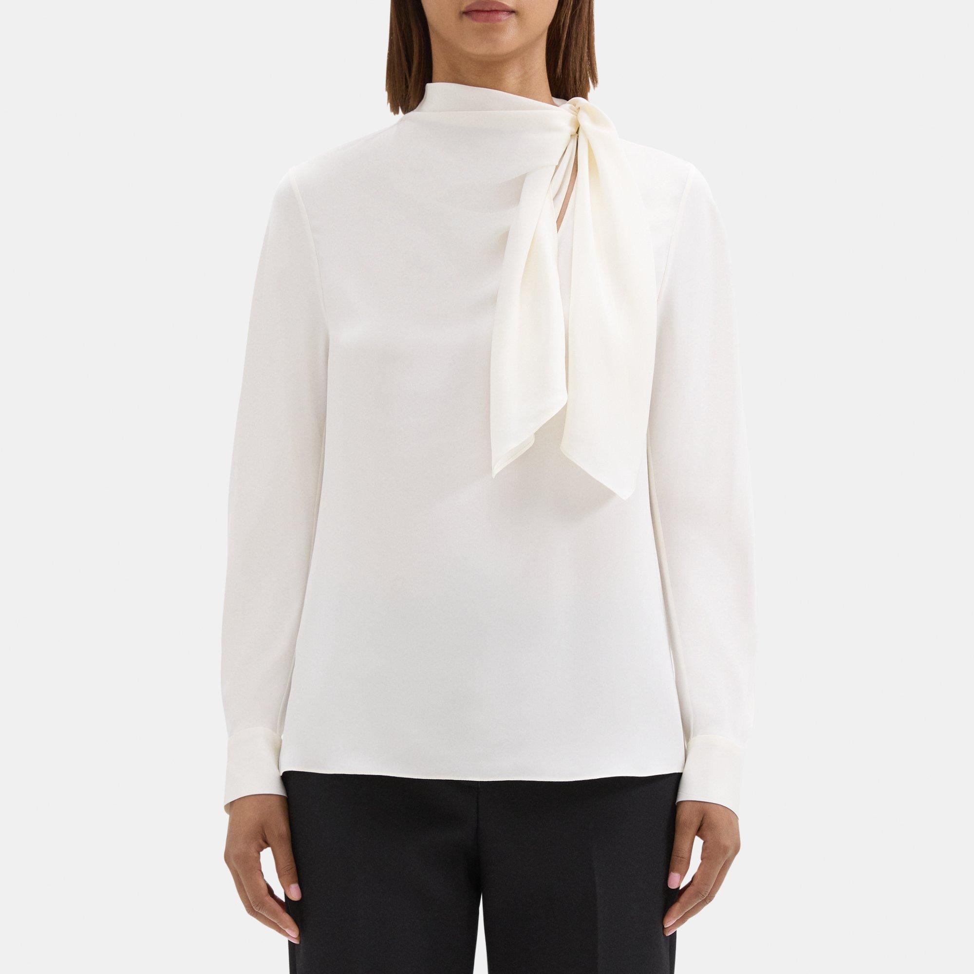 띠어리 Theory Twisted Scarf Blouse in Silk Georgette,IVORY