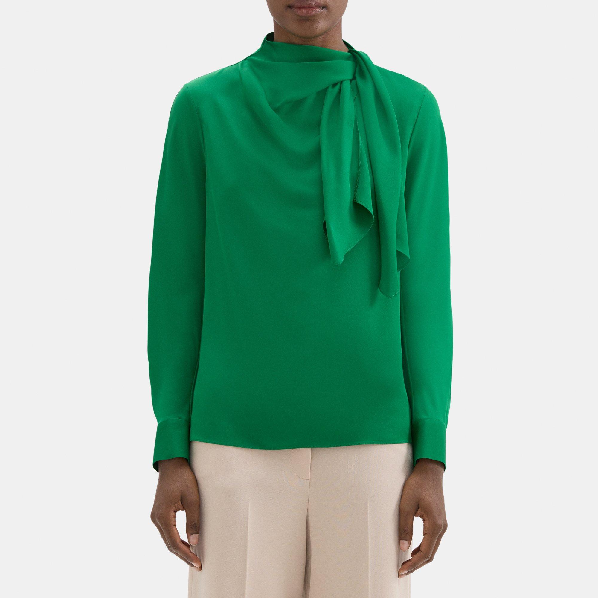 띠어리 Theory Twisted Scarf Blouse in Silk Georgette,EMERALD