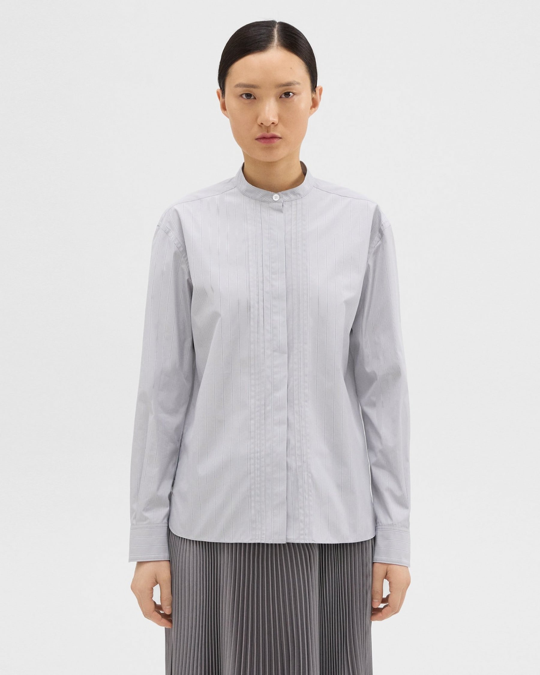 띠어리 Theory Striped Cotton-Blend Band Collar Shirt,LT GREY/OCEAN