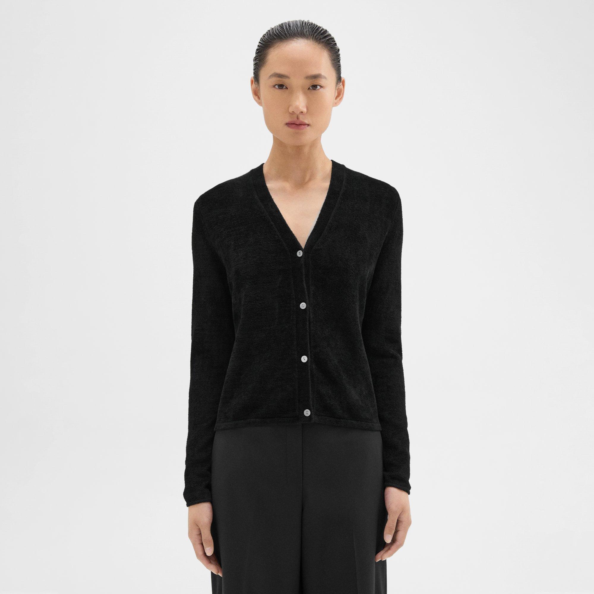 띠어리 Theory Rib Knit V-Neck Cardigan in Velvet,BLACK