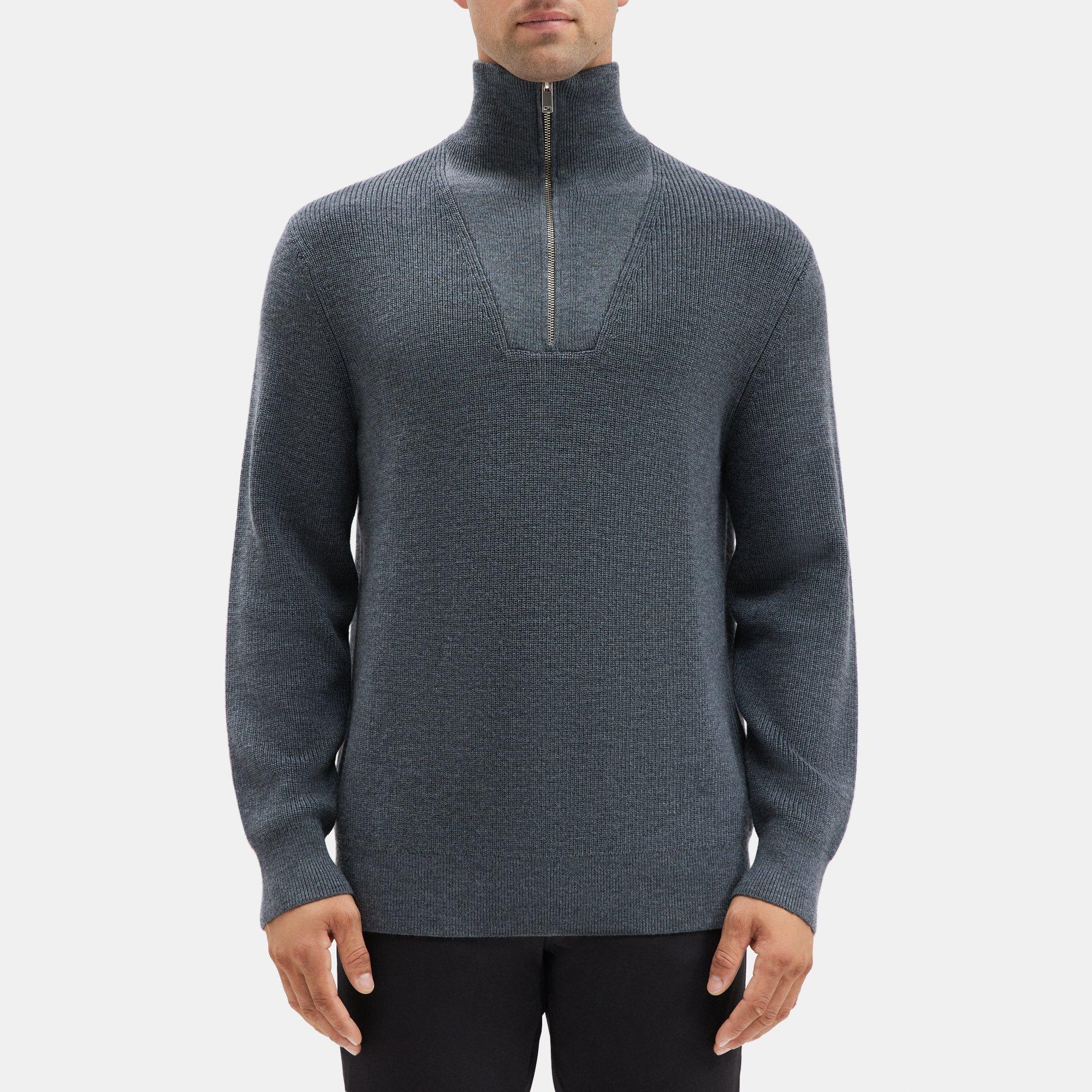 띠어리 Theory Quarter-Zip Mock Neck Sweater in Merino Wool,DARK GREY HEATHER/BLACK