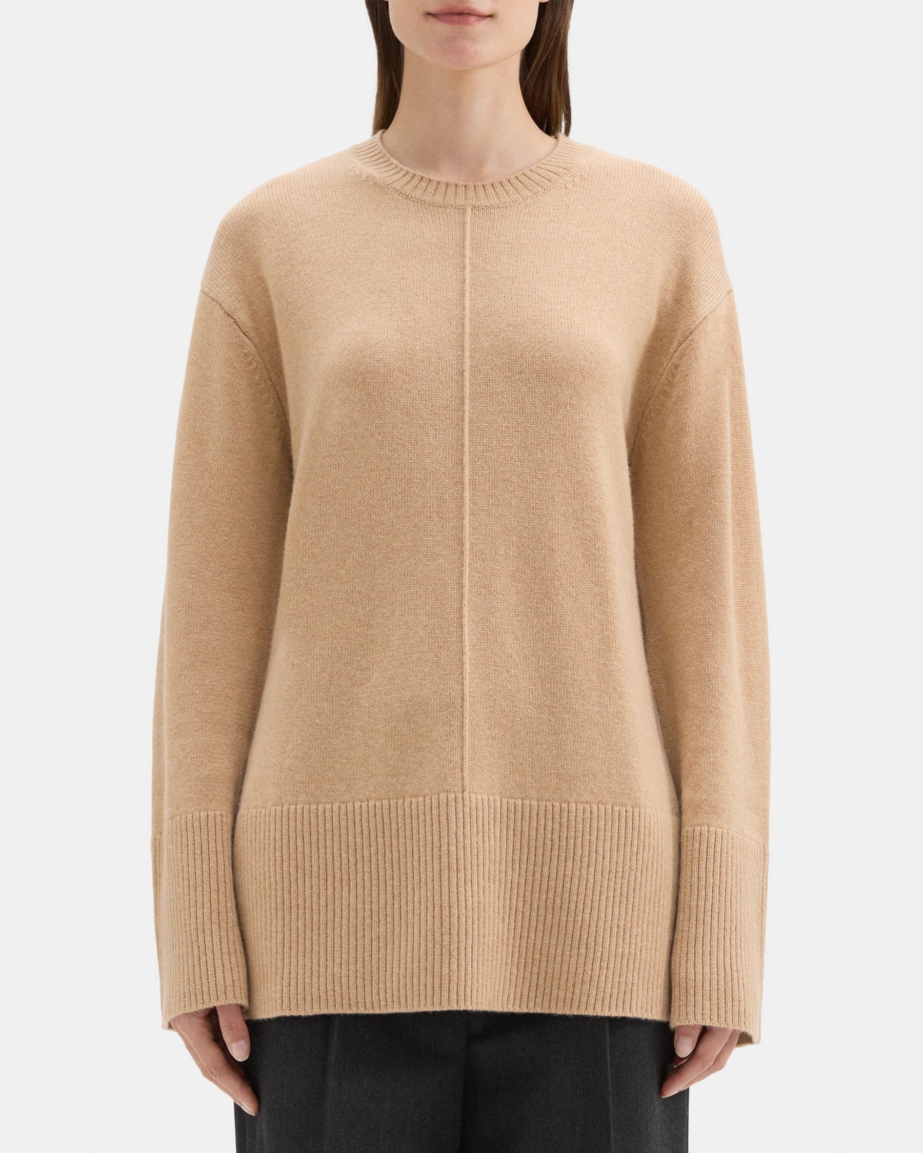 띠어리 Theory Oversized Crewneck Sweater in Wool-Cashmere,MEDIUM CAMEL