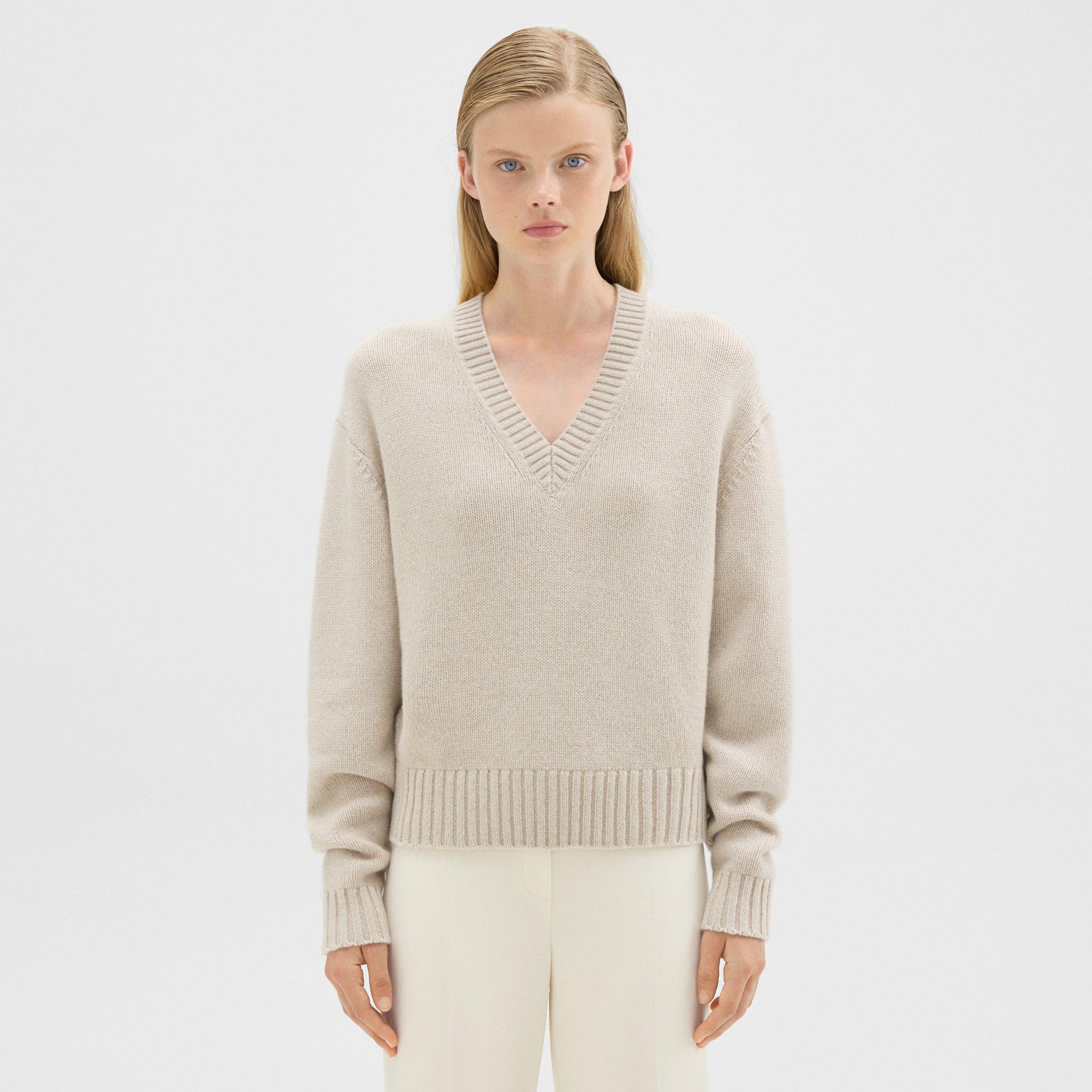 띠어리 Theory V-Neck Sweater in Recycled Wool-Cashmere,STONE