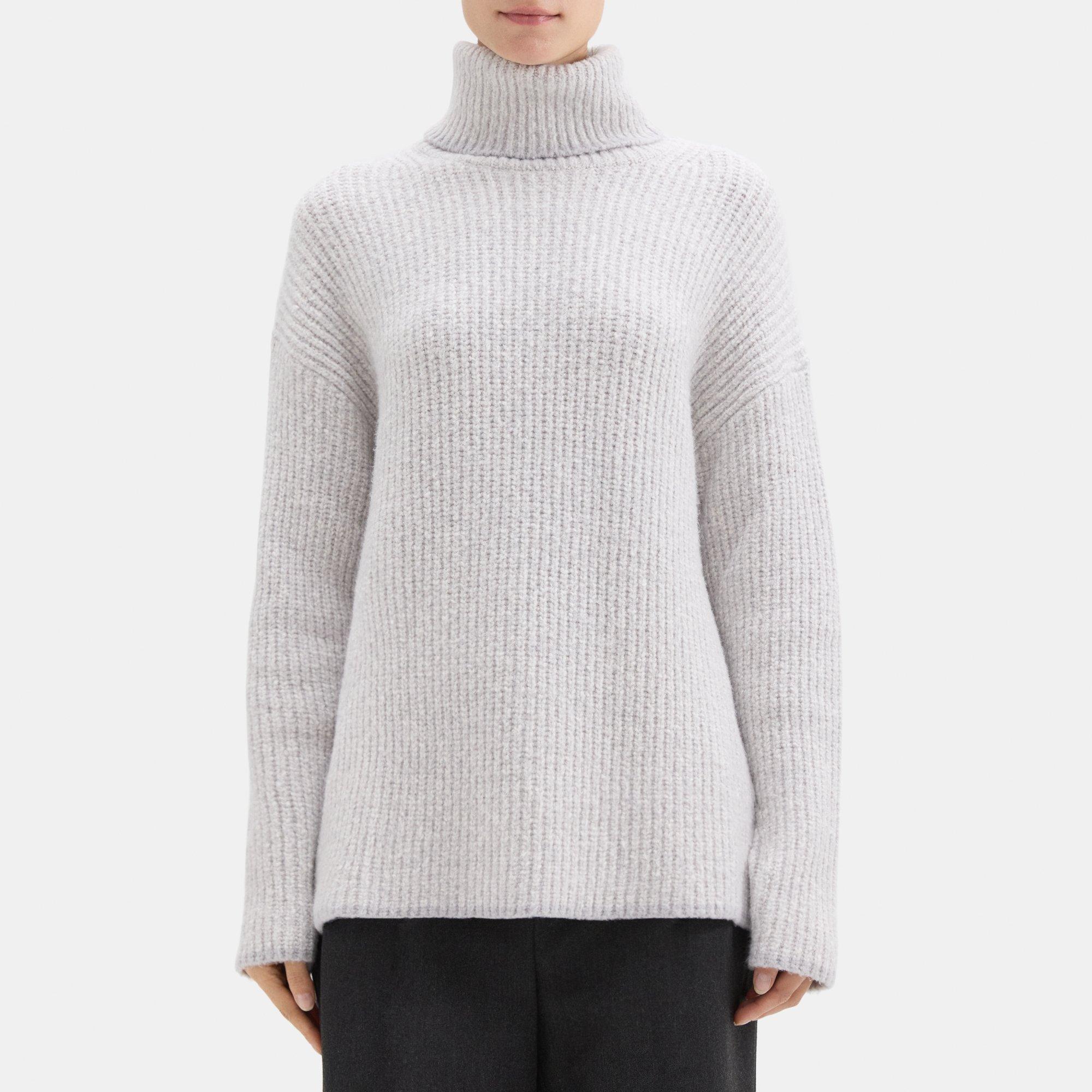 띠어리 Theory Ribbed Turtleneck in Knit Boucle,SILVER/IVORY