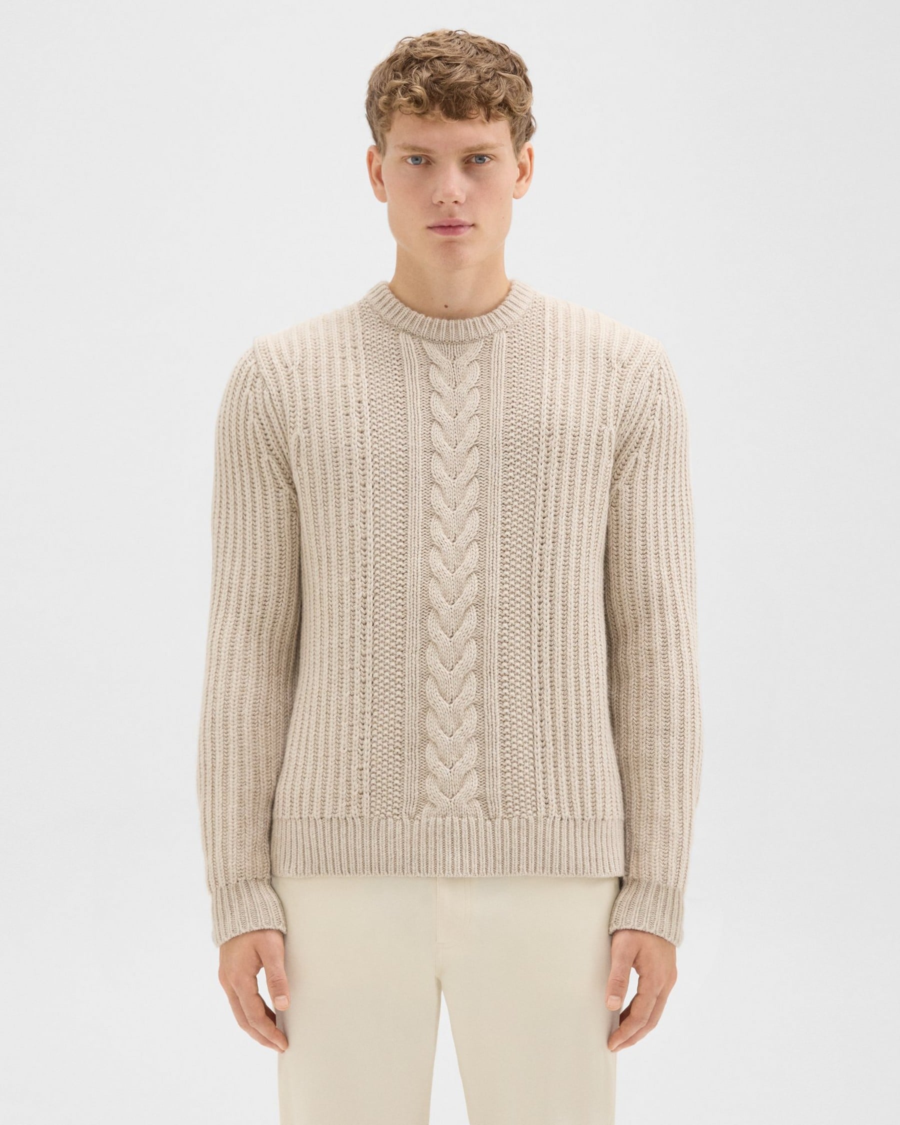 띠어리 Theory Vilare Cable Knit Sweater in Dane Wool,LIGHT BEIGE MELANGE