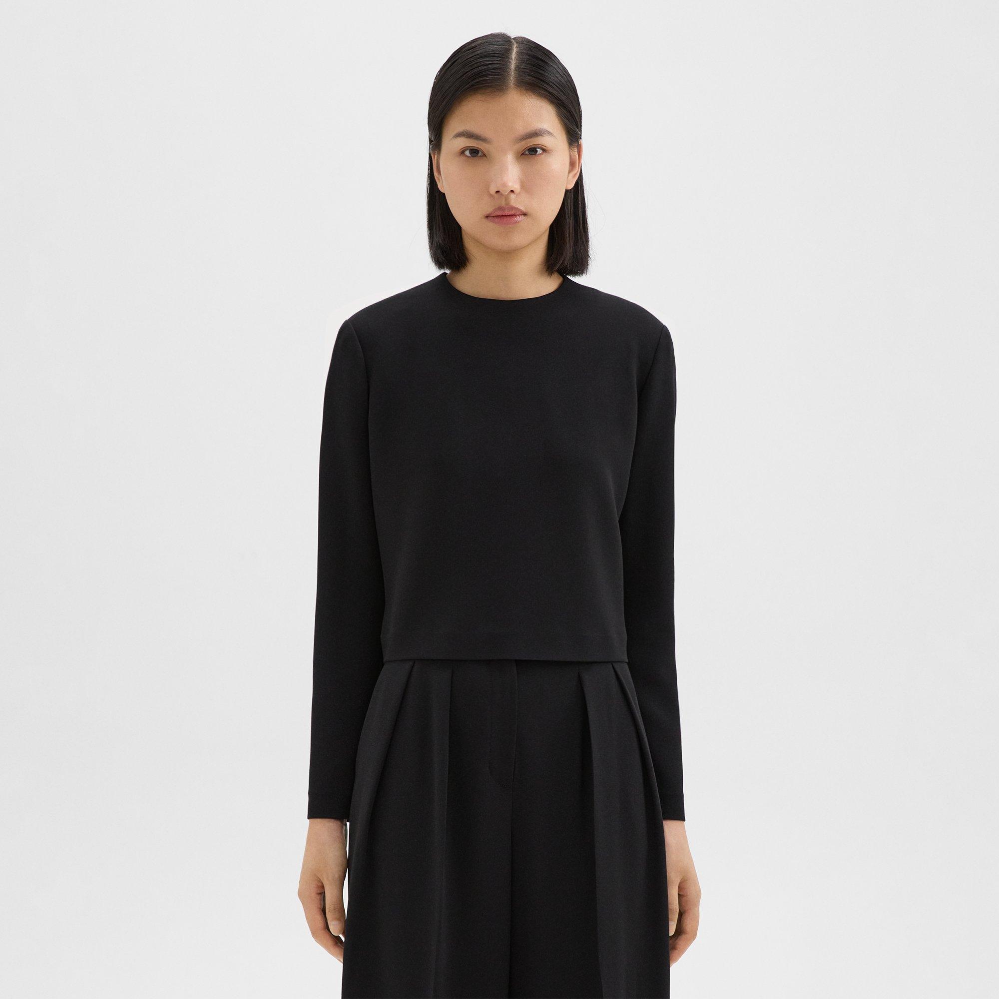 띠어리 Theory Long Sleeve Crop Top in Admiral Crepe,BLACK