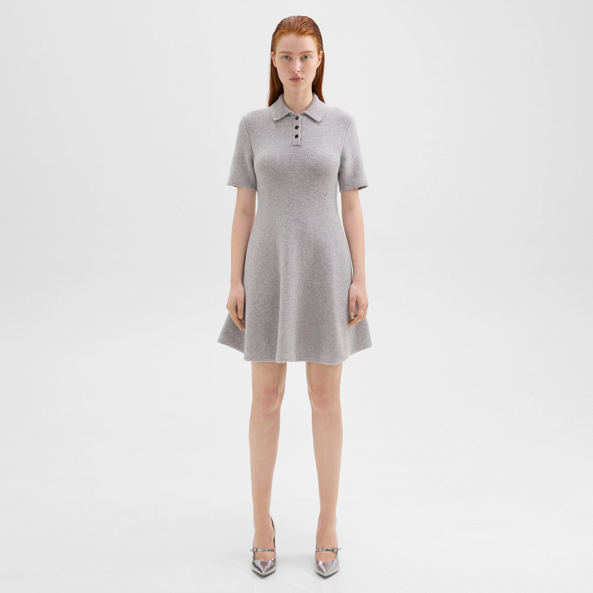 띠어리 Theory Babydoll Polo Dress in Felted Wool-Cashmere,LIGHT HEATHER GREY