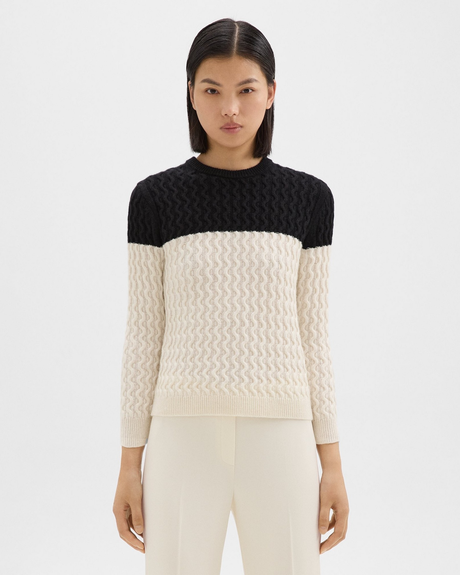 띠어리 Theory Cable Knit Sweater in Cashmere,IVORY/BLACK
