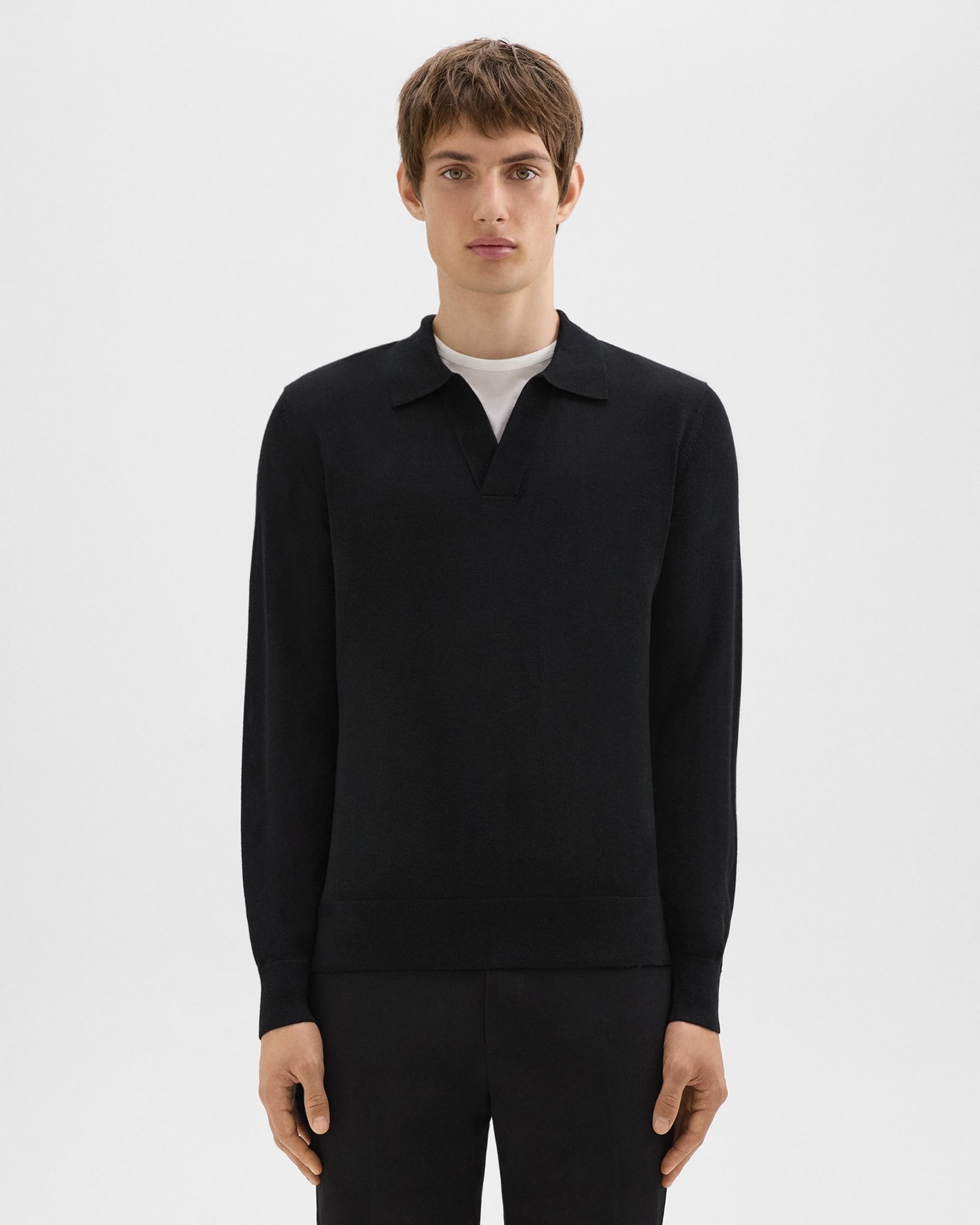 띠어리 Theory Briody Long-Sleeve Polo in Merino Wool,BLACK