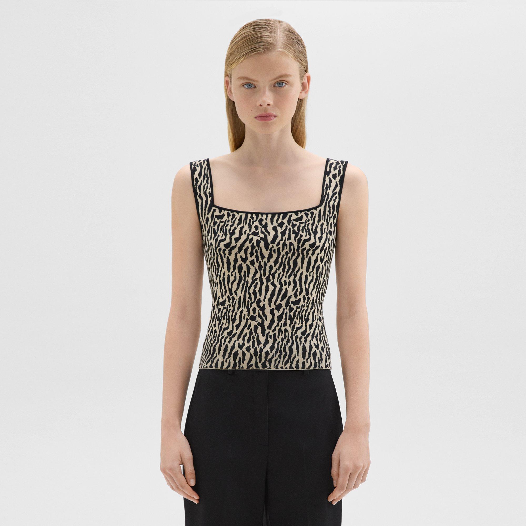 띠어리 Theory Leopard Jacquard Sweater Shell in Cotton Blend,DARK ECRU/BLACK
