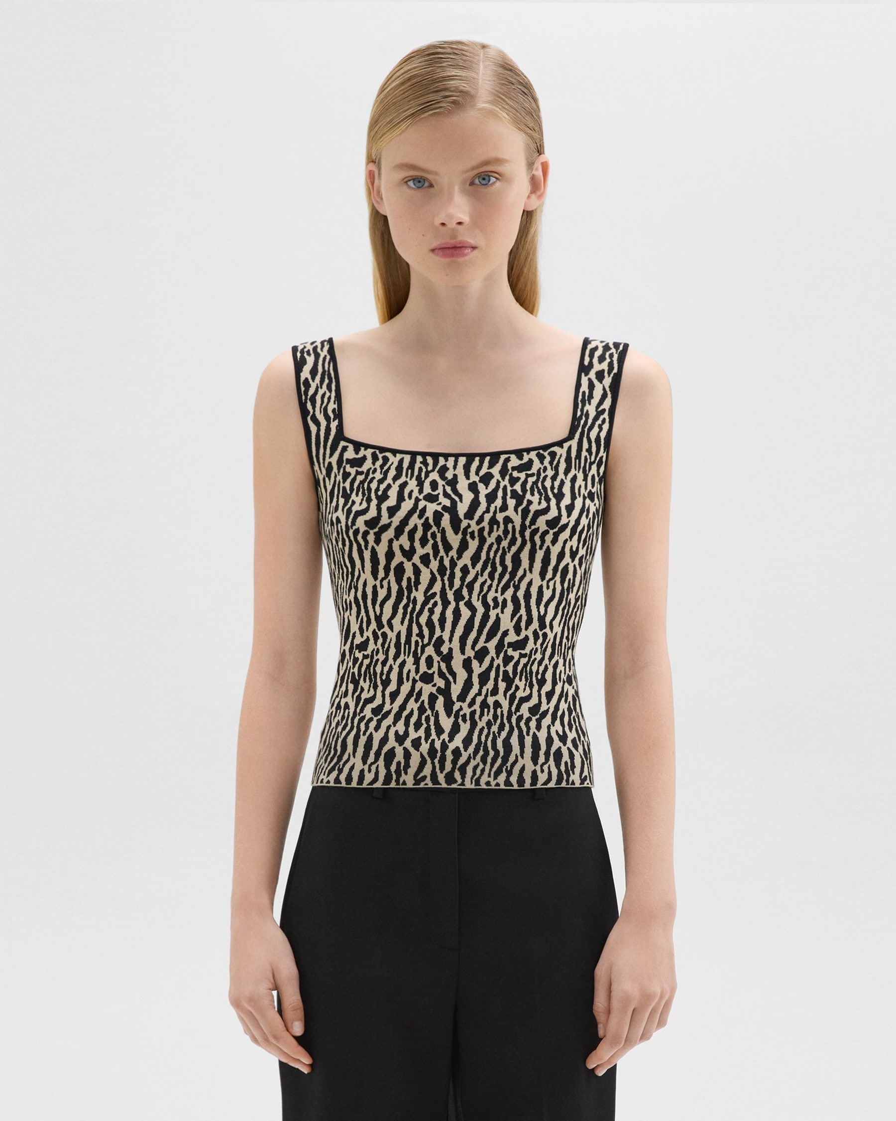 띠어리 Theory Leopard Jacquard Sweater Shell in Cotton Blend,DARK ECRU/BLACK