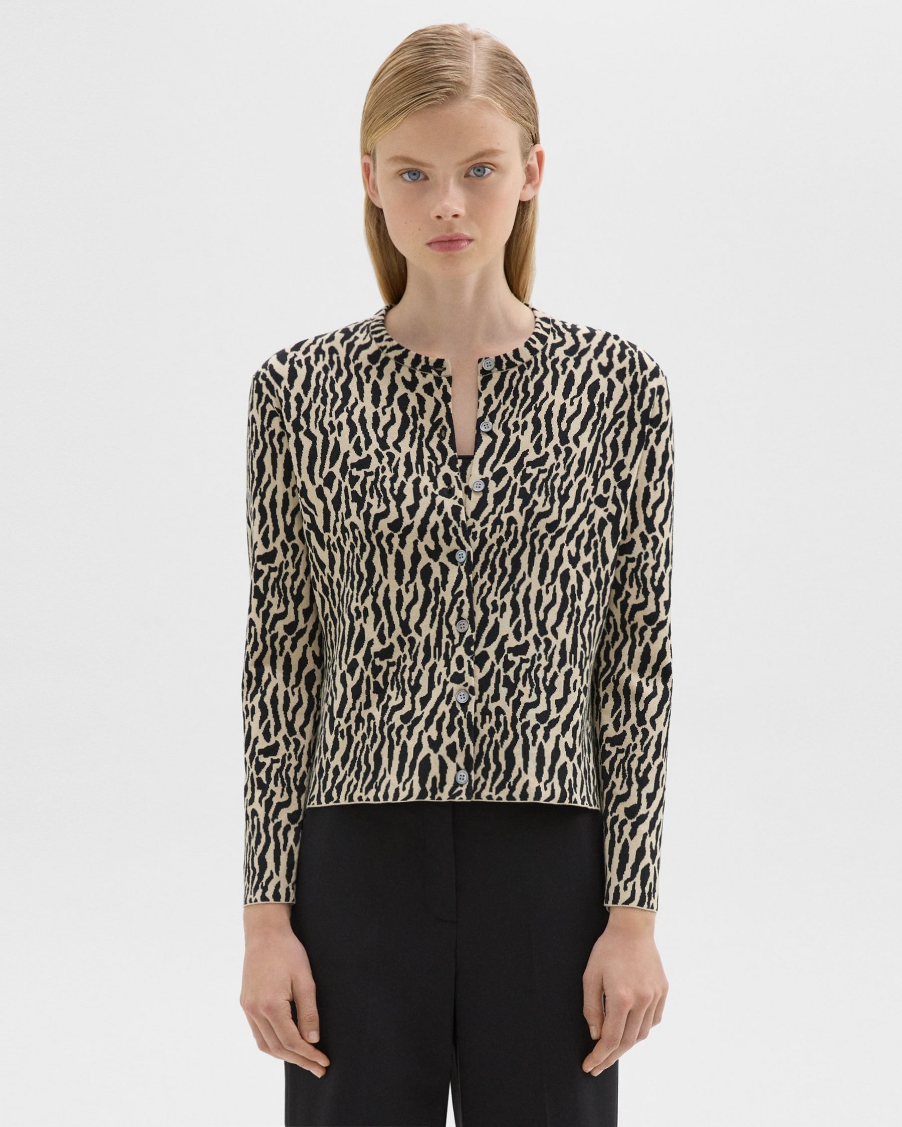 띠어리 Theory Leopard Jacquard Cardigan in Cotton Blend,DARK ECRU/BLACK