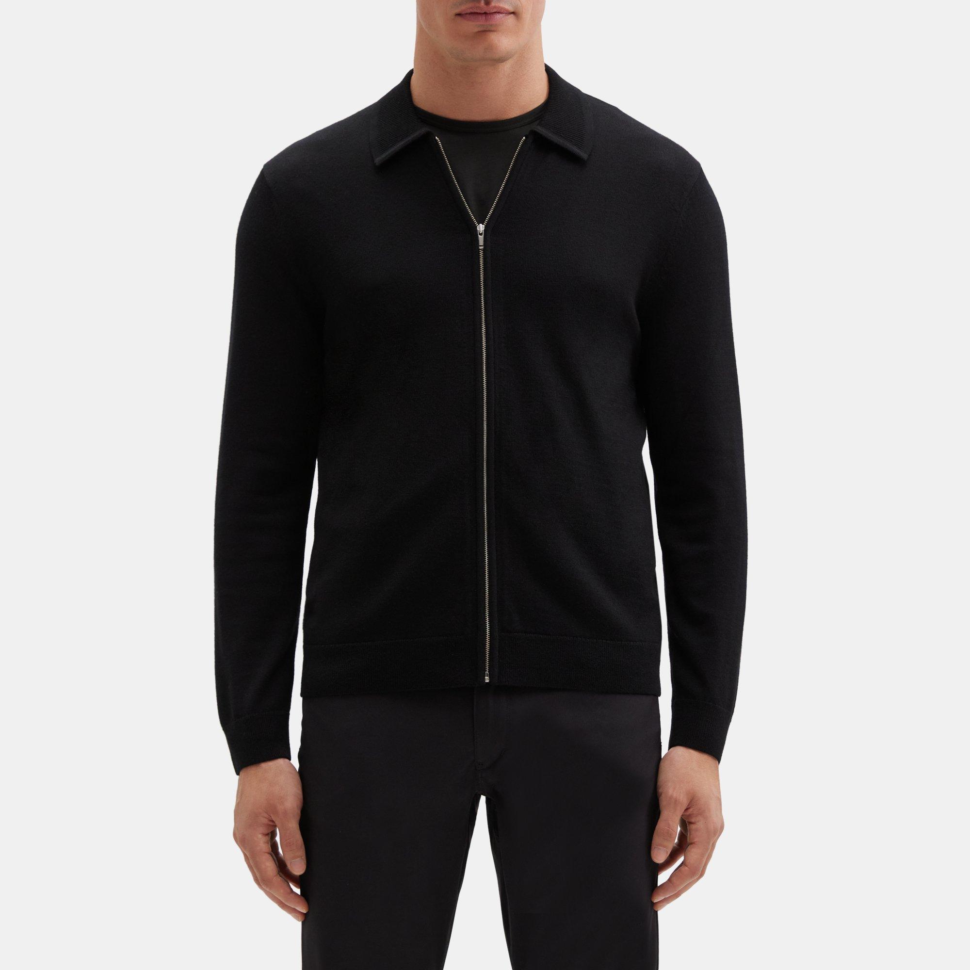 띠어리 Theory Zip-Up Sweater Shirt in Merino Wool,BLACK