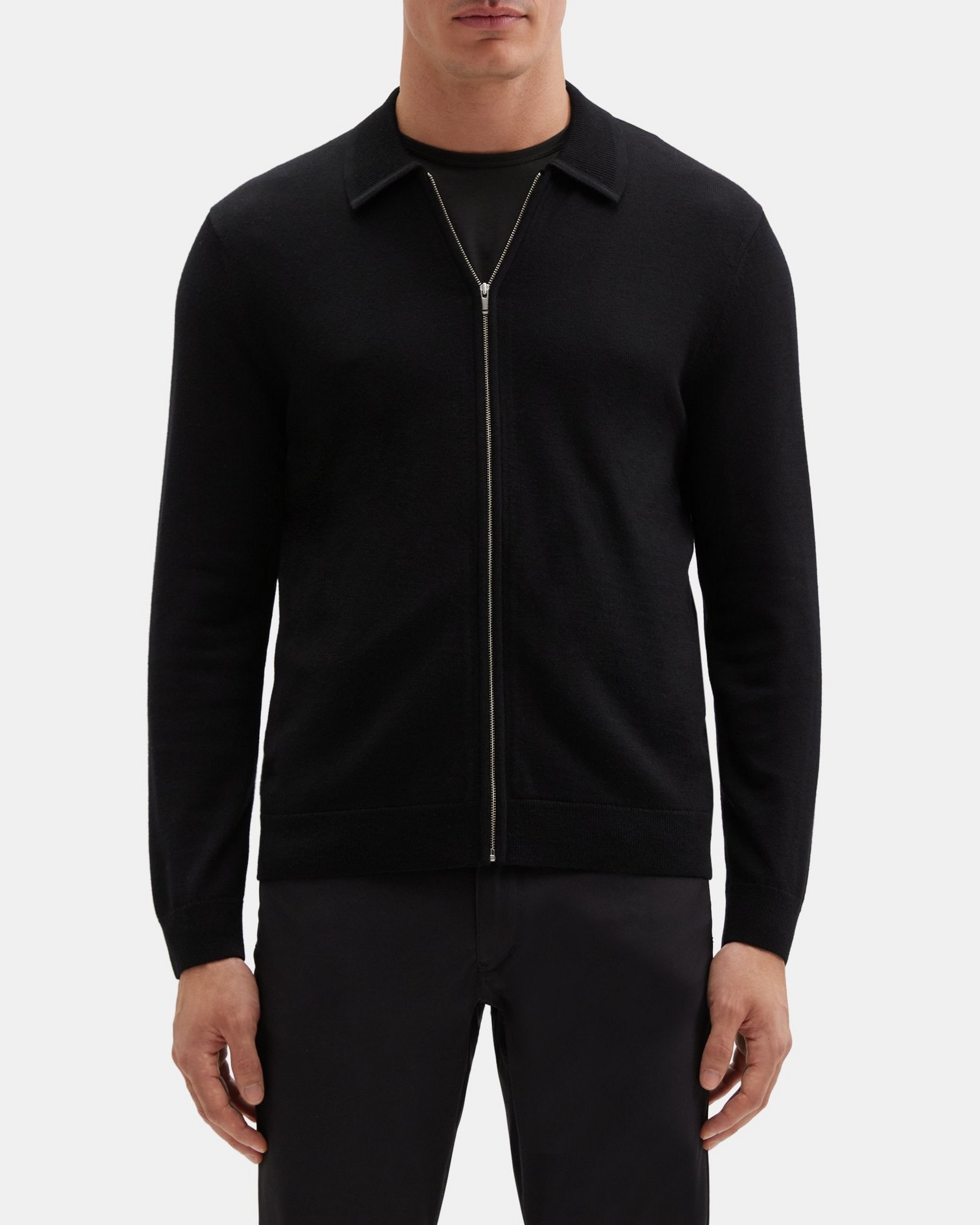 띠어리 Theory Zip-Up Sweater Shirt in Merino Wool,BLACK