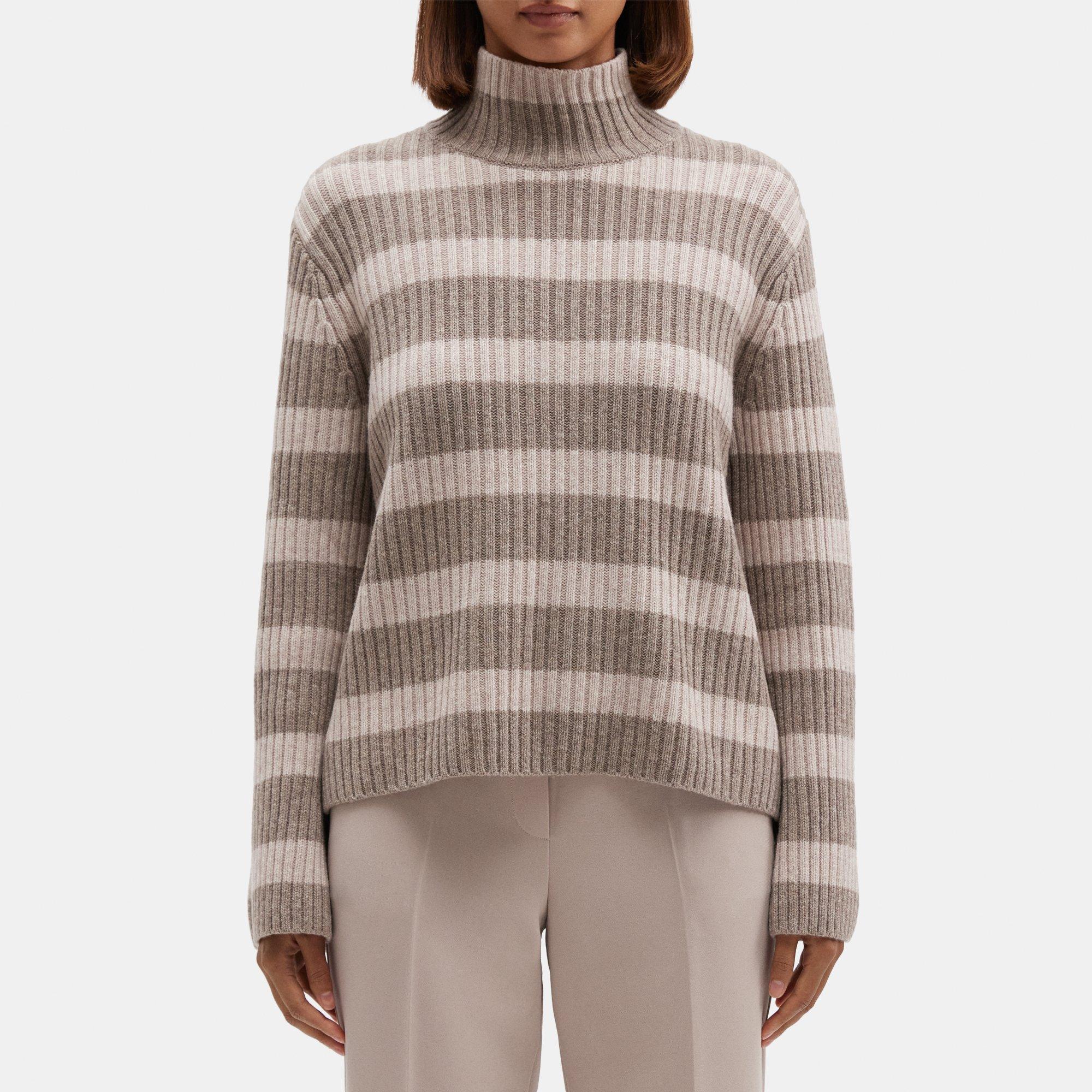 띠어리 Theory Striiped Turtleneck Sweater in Wool,LIGHT TAUPE/DARK TAUPE